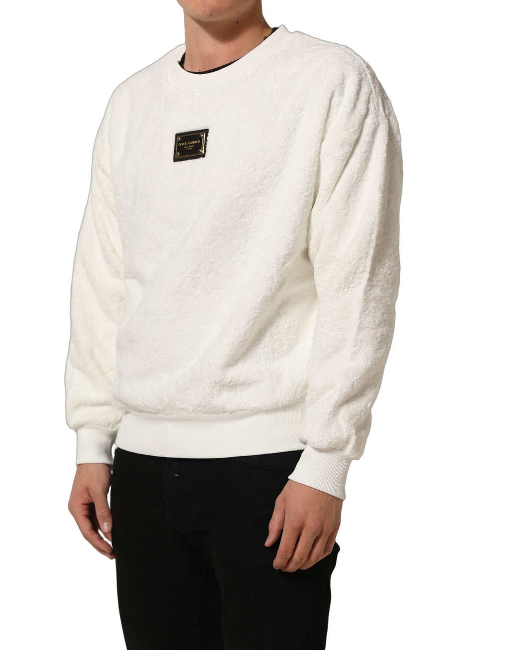Sweat-shirt Dolce & Gabbana blanc à logo plaque, col rond, en coton, avec design épuré et logo visible sur la poitrine.