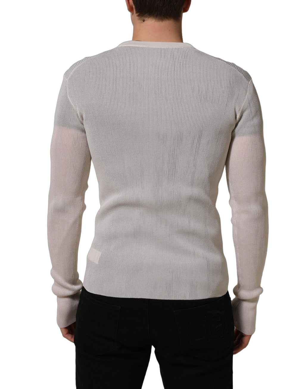 Pull-over homme en soie blanche Dolce & Gabbana avec col rond, doux et élégant, parfait pour un style sophistiqué.