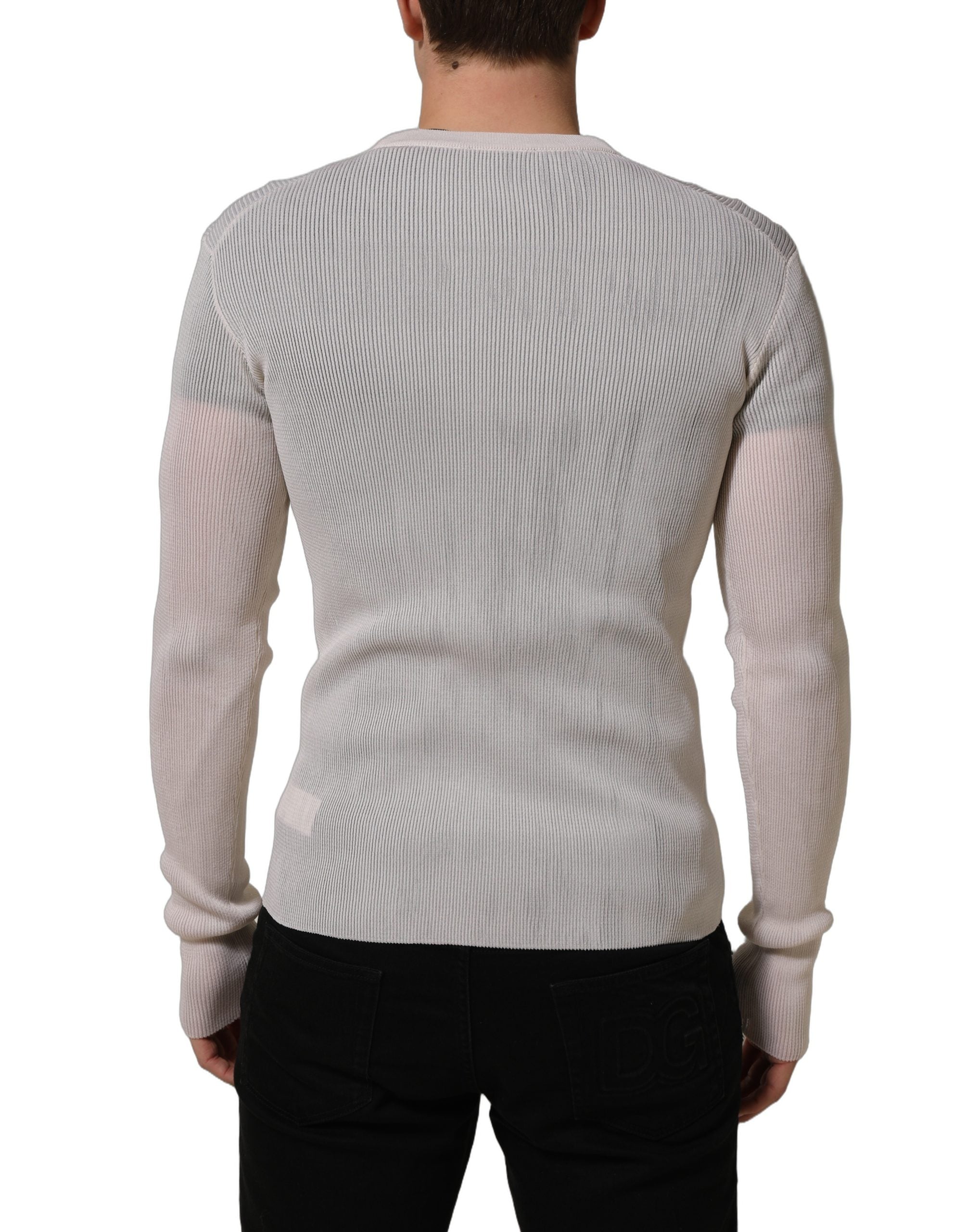 Pull-over homme en soie blanche Dolce & Gabbana avec col rond, doux et élégant, parfait pour un style sophistiqué.