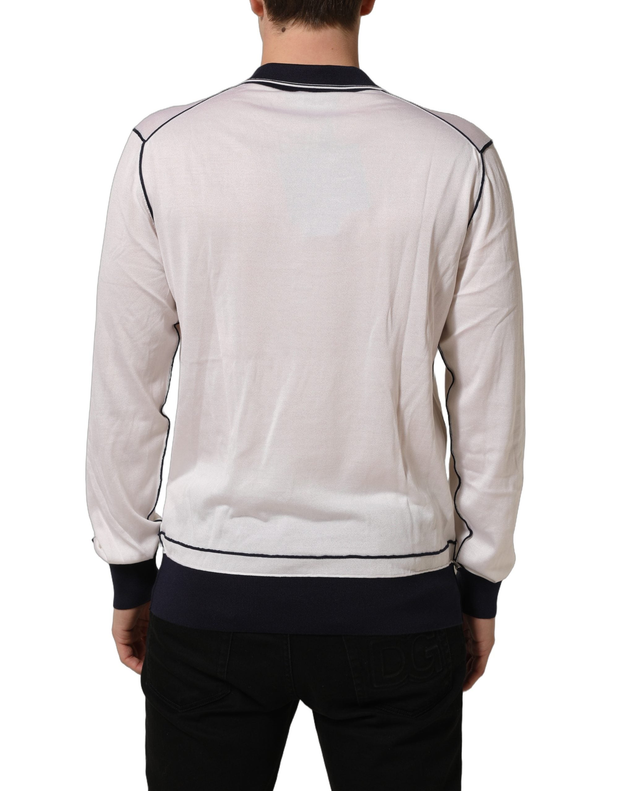 Pull en soie blanc à col henley de Dolce & Gabbana, pull-over élégant avec col boutonné et finition soignée.