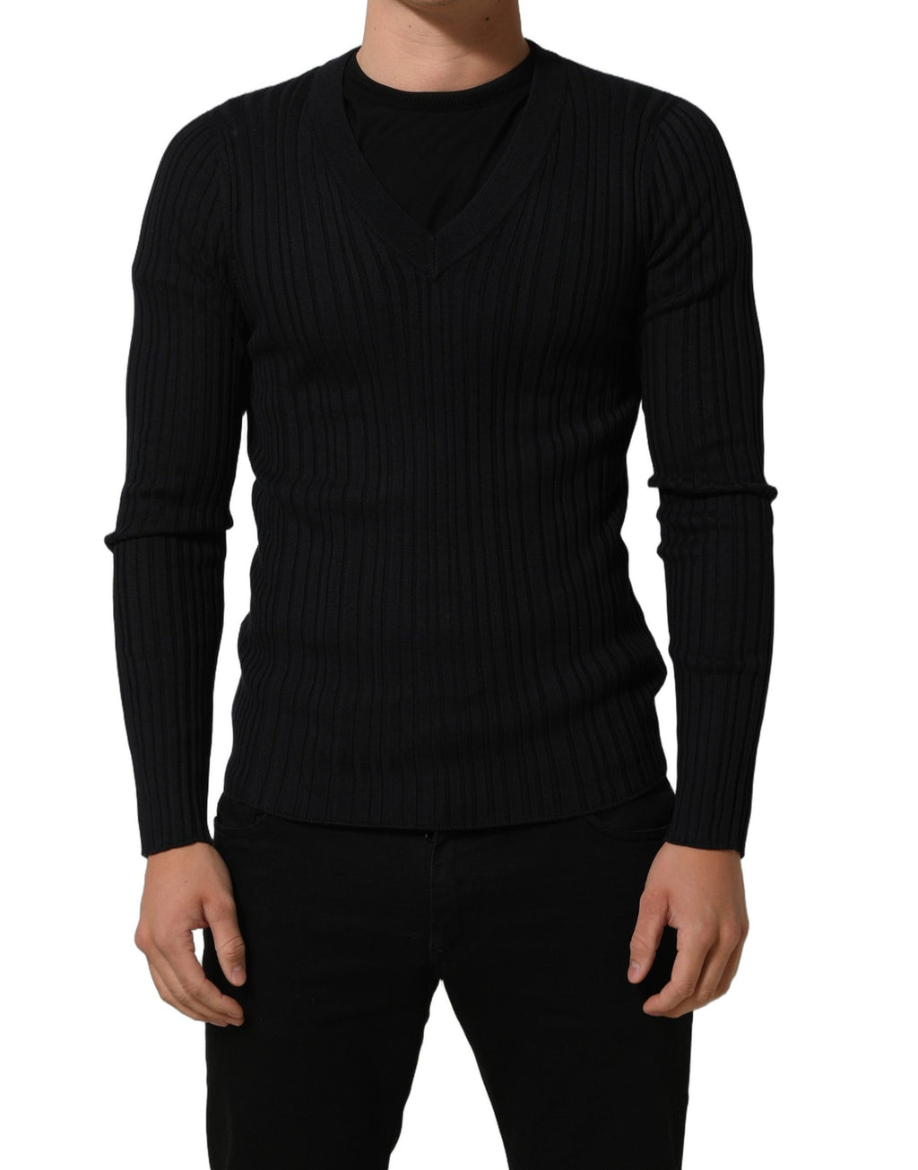 Pull à col en V pour homme Dolce & Gabbana en mélange de soie noir, pull-over élégant et confortable.