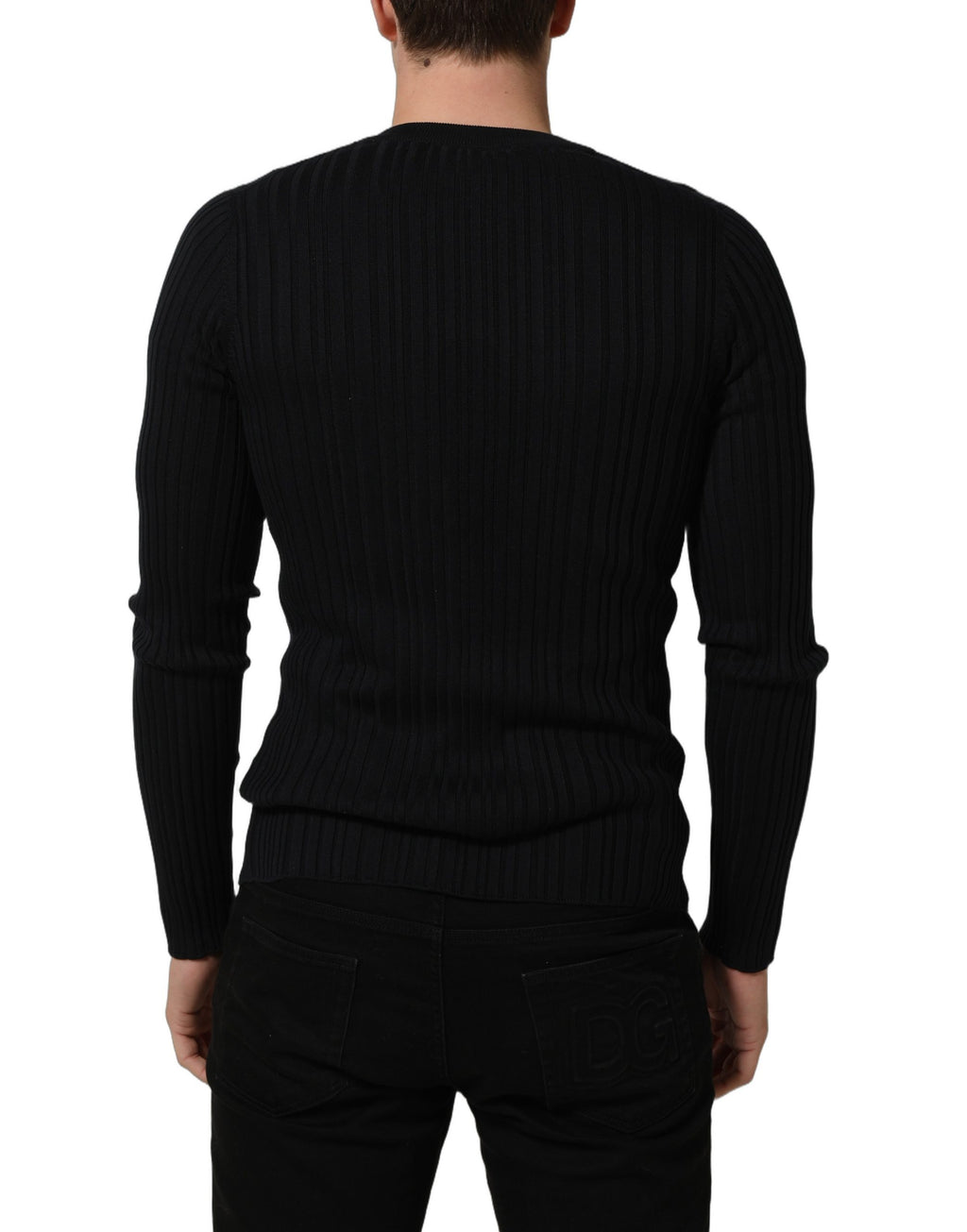 Pull en laine mélangée noir Dolce & Gabbana à col en V pour homme, pull-over élégant et confortable.