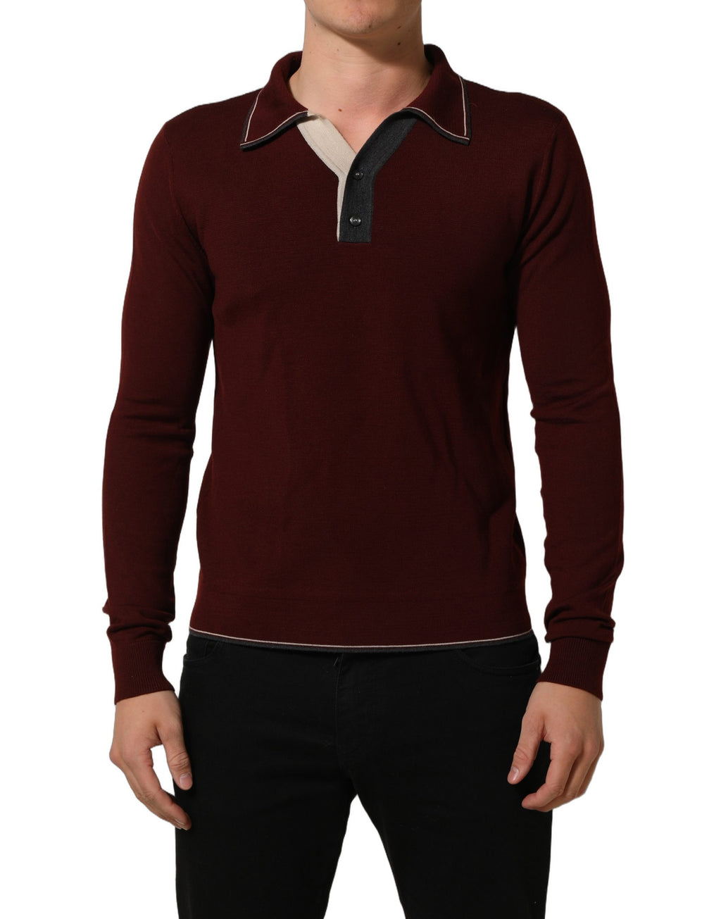 Pull-over en laine bordeaux Dolce & Gabbana, pull à col Henley, pull en maille chaud et élégant pour homme.