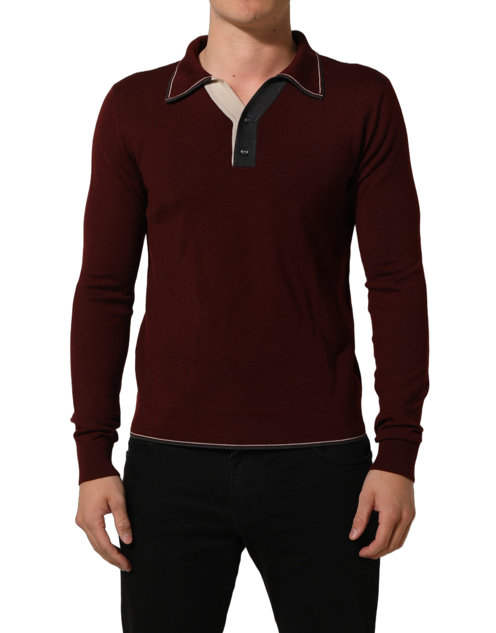Pull-over en laine bordeaux Dolce & Gabbana, pull à col Henley, pull en maille chaud et élégant pour homme.