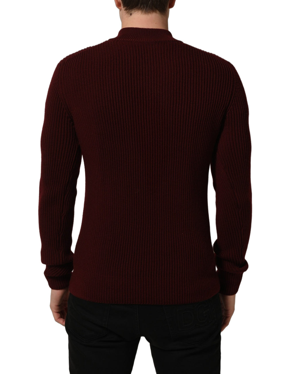 Pull homme Dolce & Gabbana en laine bordeaux avec demi-zip, style élégant et confortable.