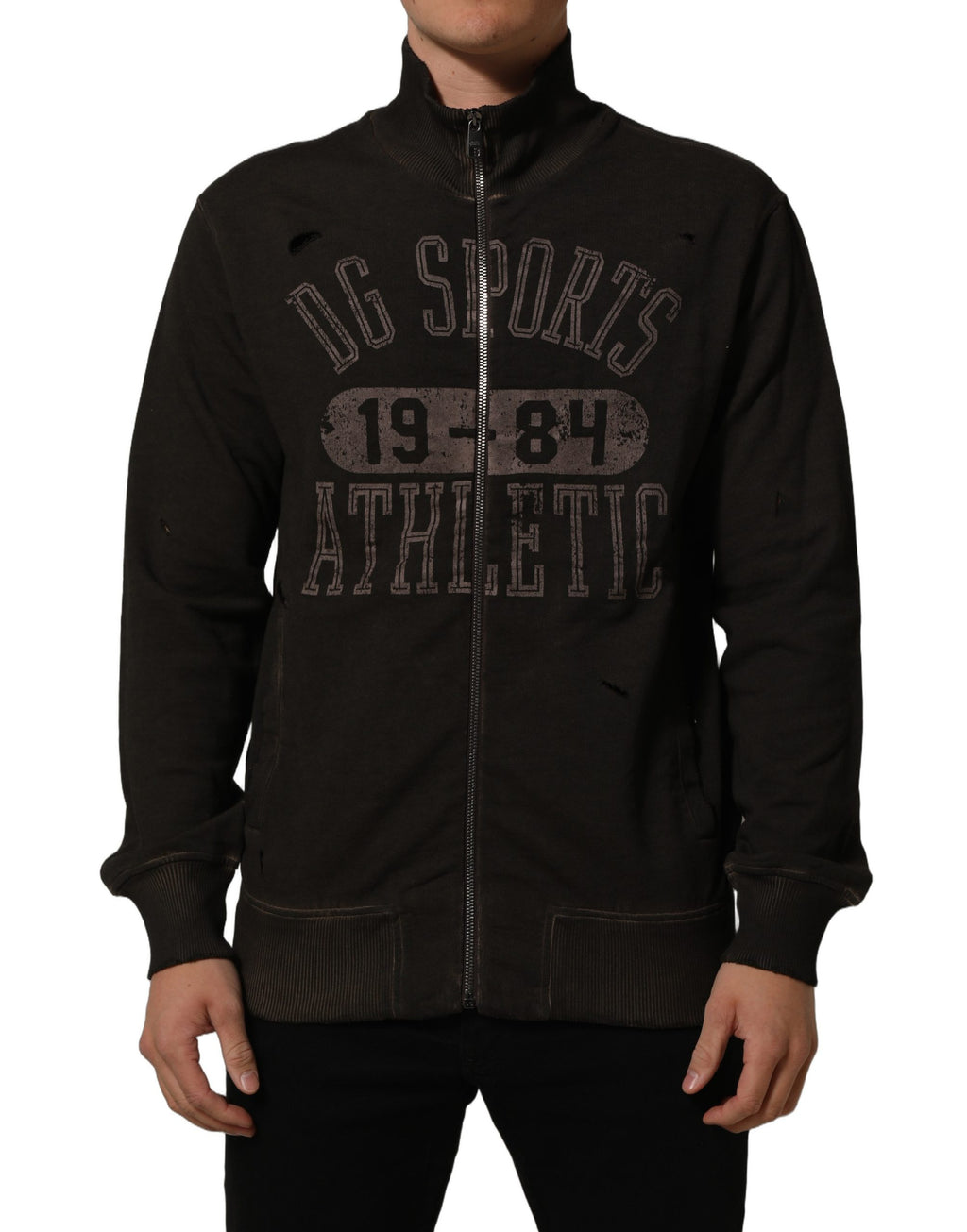 Sweatshirt Dolce & Gabbana marron avec logo imprimé, zip complet, pull à manches longues et col montant.
