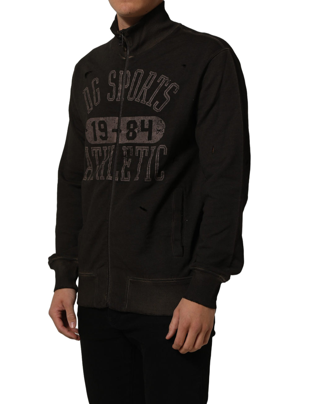 Sweat-shirt Dolce & Gabbana à logo imprimé en brun, zip complet, pull décontracté avec design élégant et tendance.