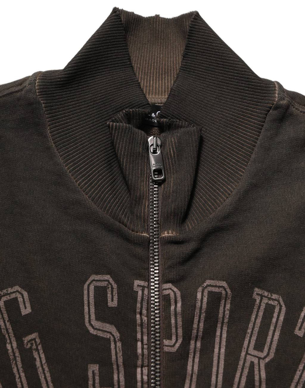 Sweat-shirt à capuche Dolce & Gabbana en molleton marron avec logo imprimé, zip complet, style décontracté et élégant.
