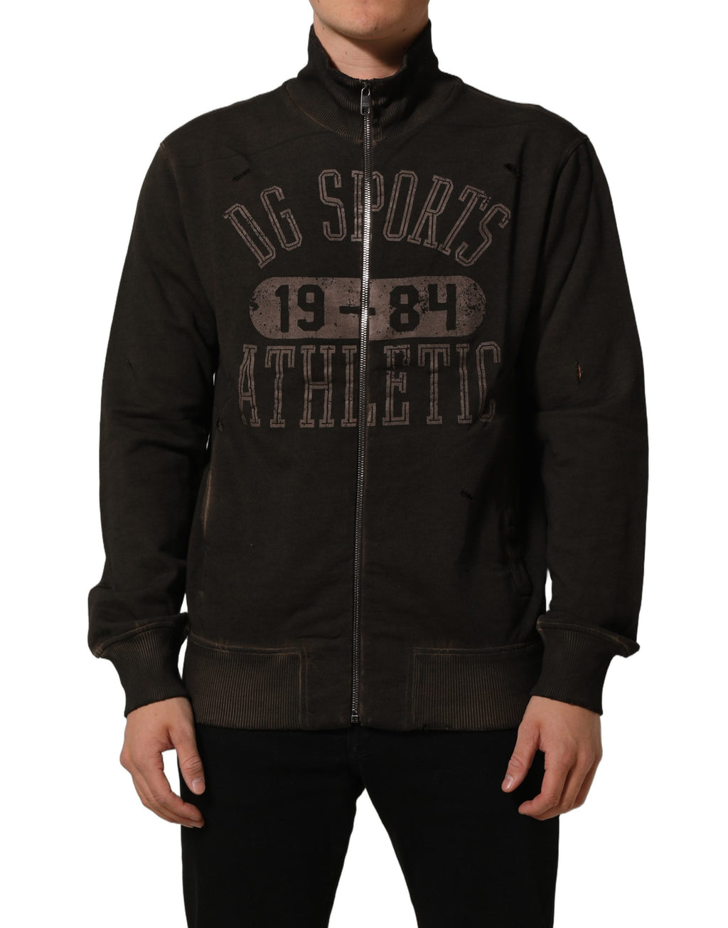 Sweatshirt Dolce & Gabbana à logo imprimé en brun, zip complet, pull décontracté en coton avec logo Dolce & Gabbana visible.