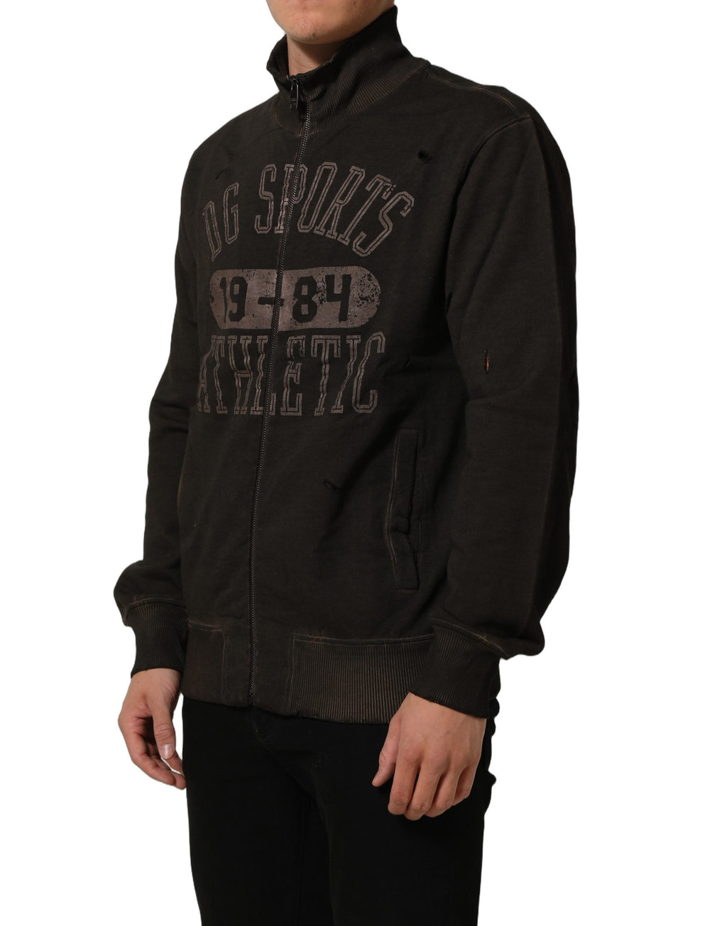 Sweatshirt Dolce & Gabbana à logo imprimé brun avec fermeture éclair complète, pull confortable en coton.