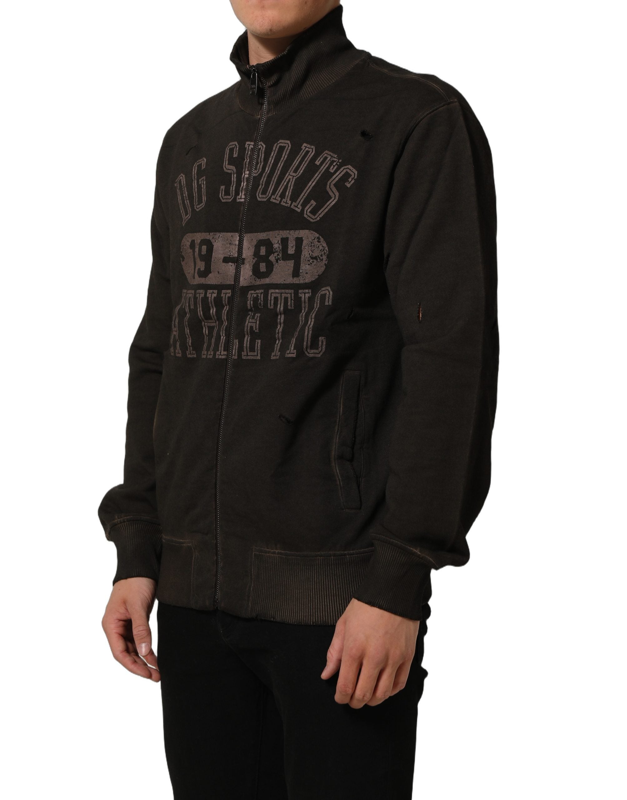 Sweatshirt Dolce & Gabbana à logo imprimé brun avec fermeture éclair complète, pull confortable en coton.