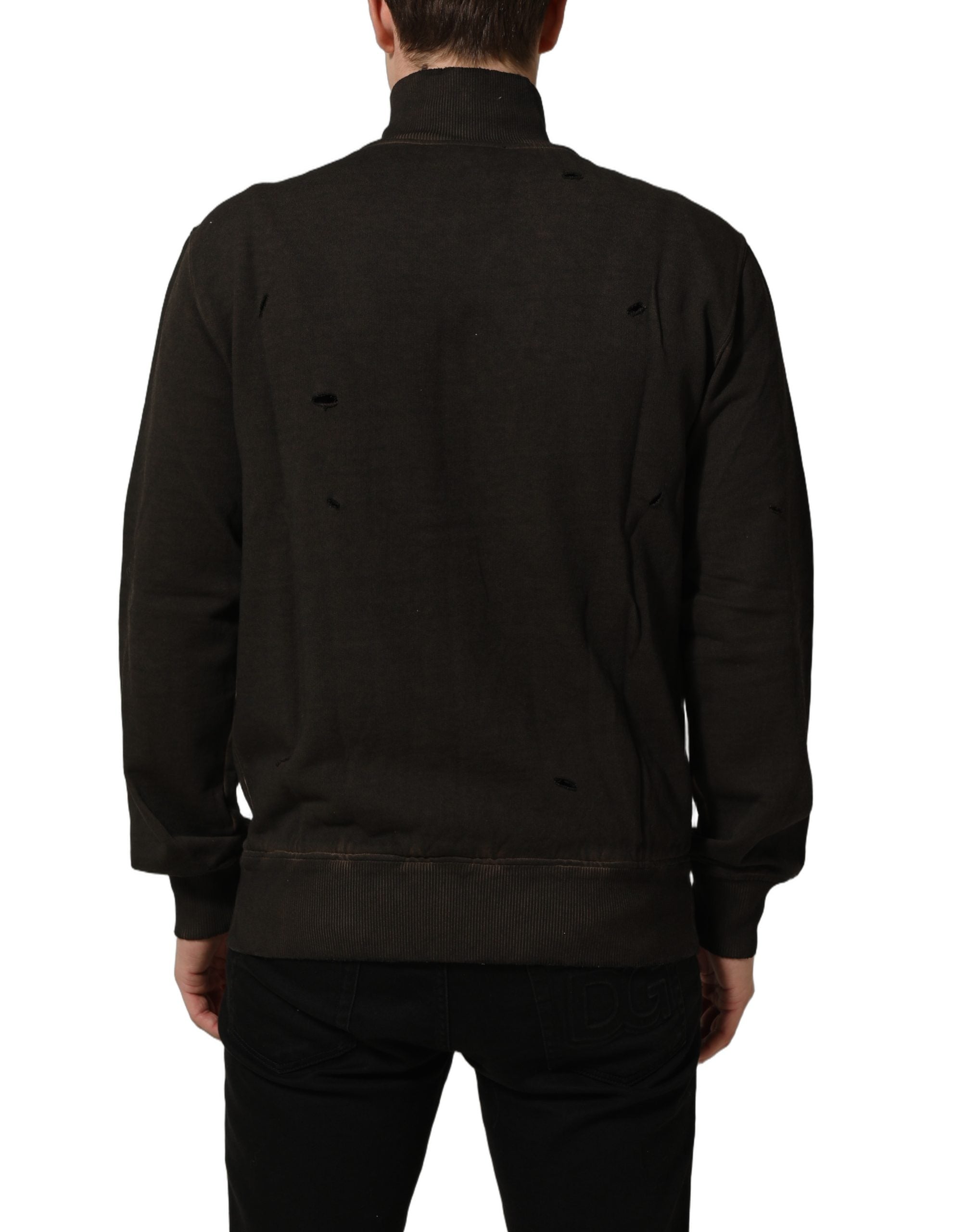 Sweat-shirt Dolce & Gabbana brun avec logo imprimé, zip complet, en coton confortable, porté dans une image de mode décontractée.