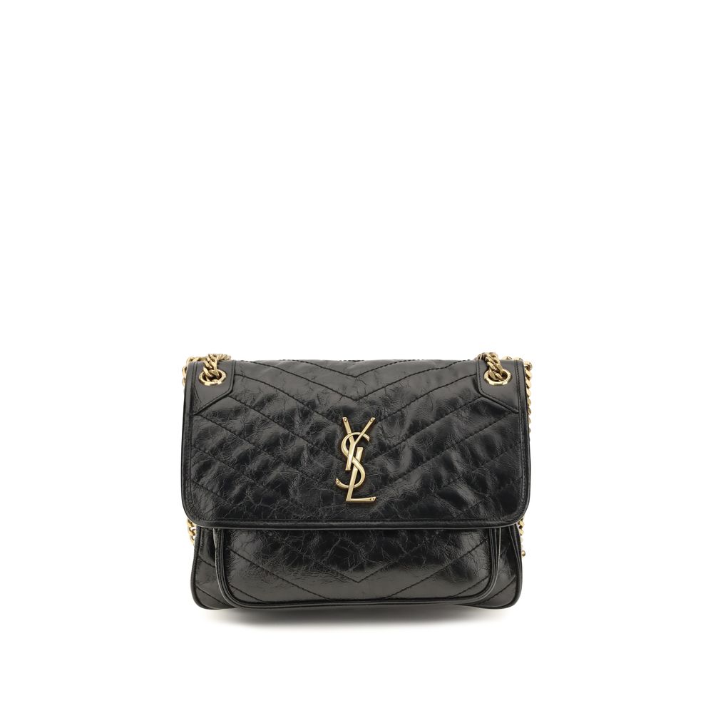 Sac à main shoulder en cuir de veau noir Bos Taurus de Saint Laurent, avec détails élégants et finition sophistiquée.