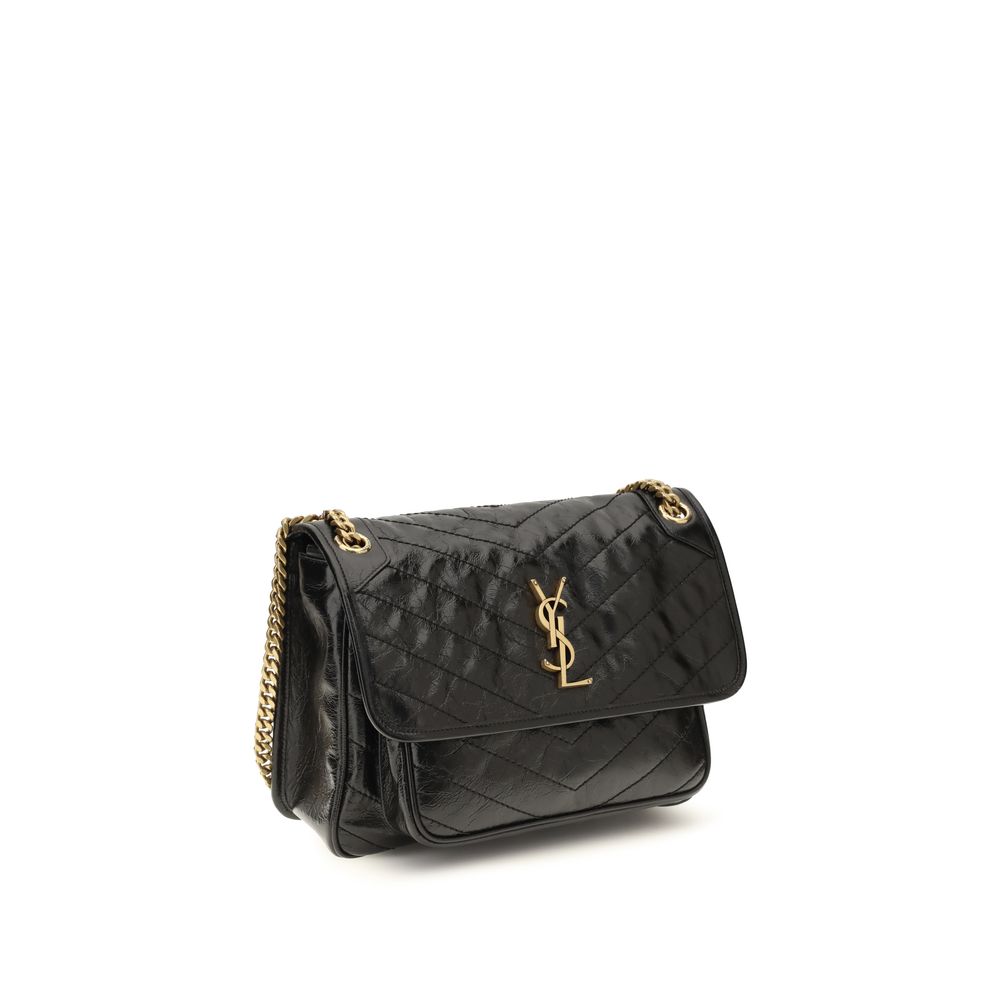 Sac à bandoulière en cuir de veau noir Saint Laurent Bos Taurus, design élégant et finition raffinée visible sur l'image.