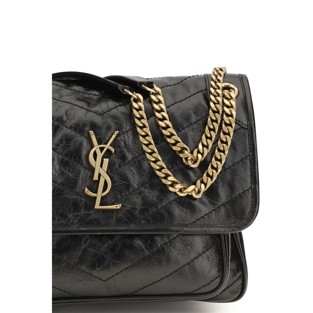 Sac à bandoulière en cuir de veau noir Saint Laurent Bos Taurus, style élégant et sophistiqué avec détails modernes.