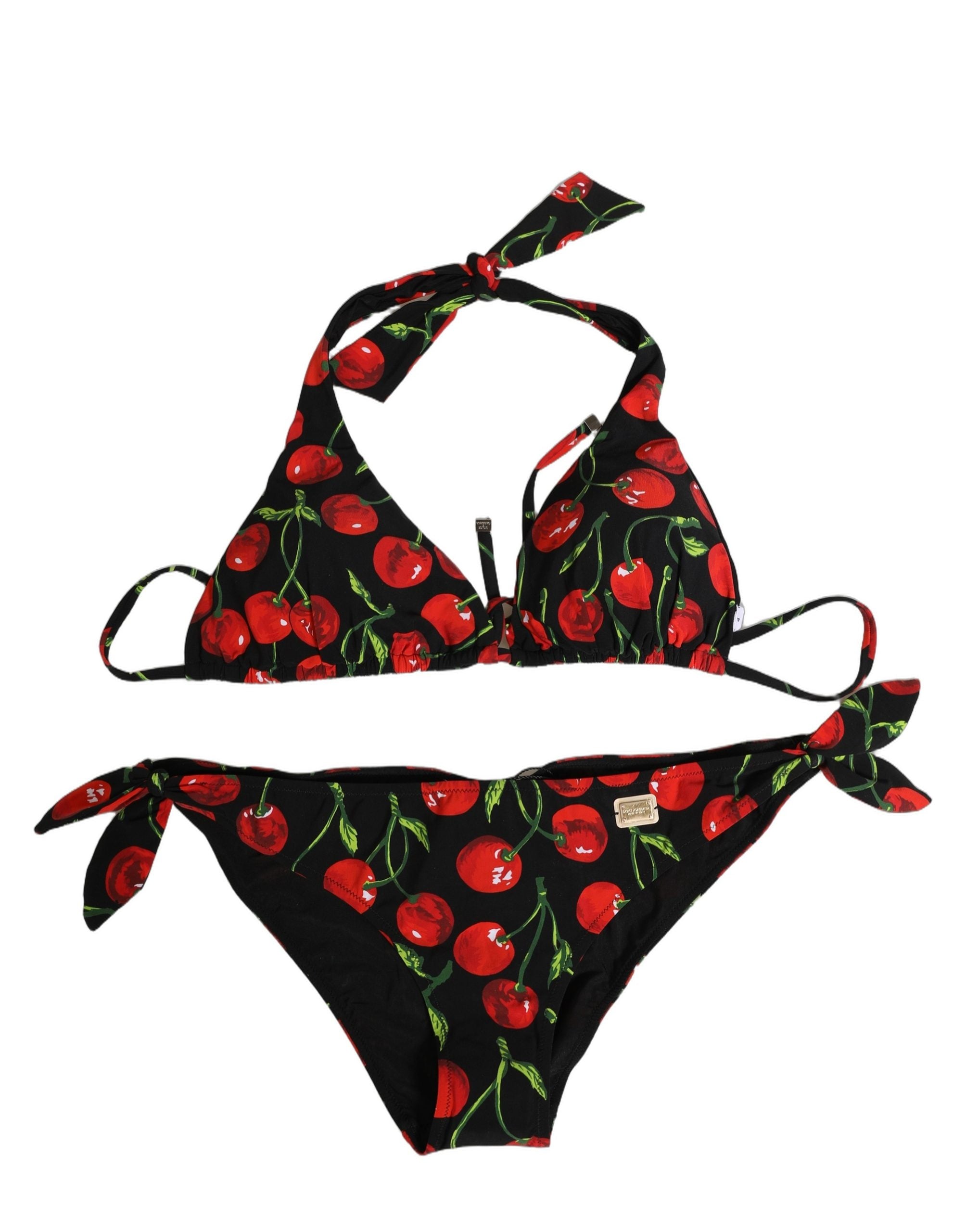 Bikini deux pièces en nylon noir avec imprimé cerise Dolce & Gabbana, maillot de bain élégant pour femmes.