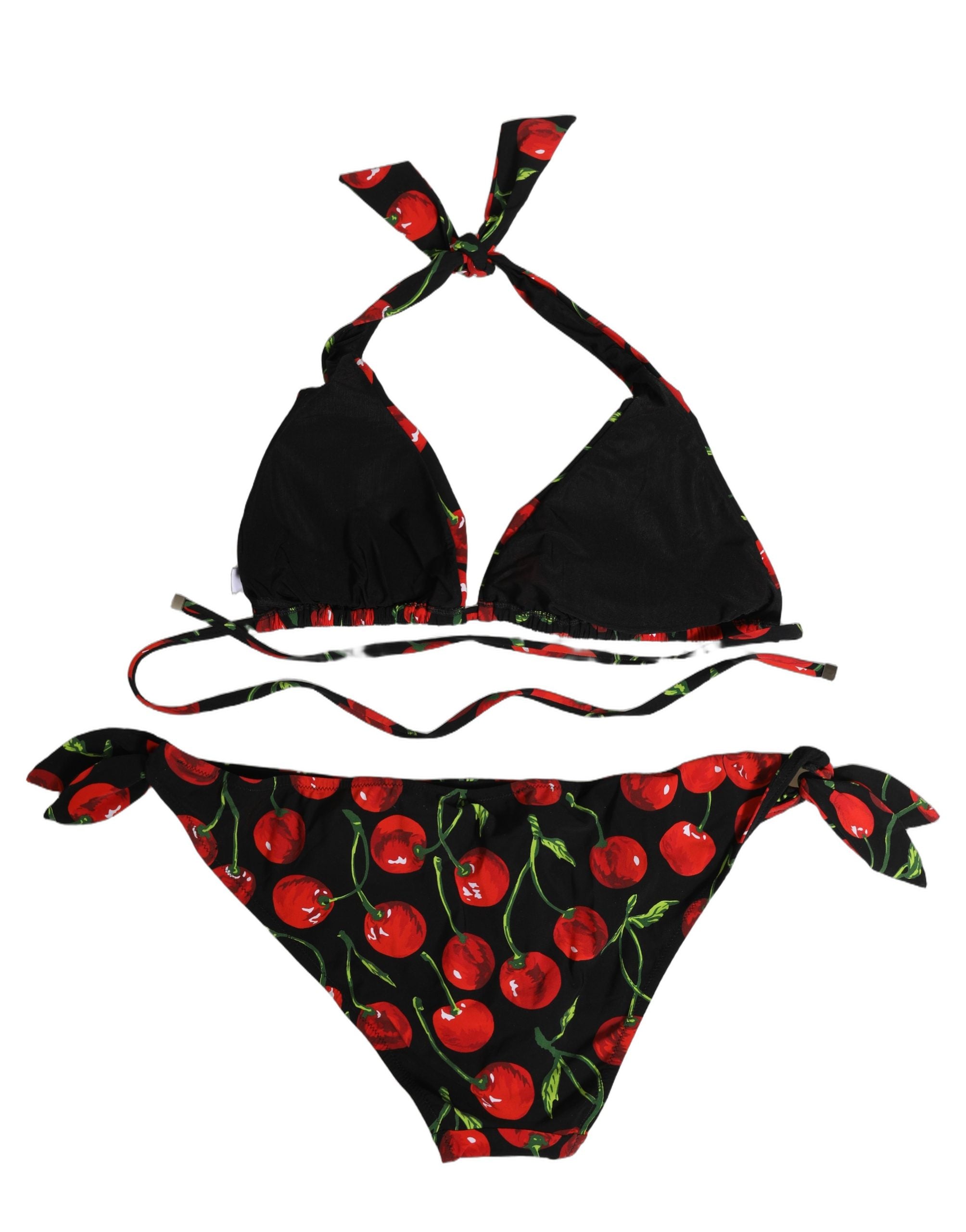 Bikini deux pièces en nylon noir avec imprimé cerise Dolce & Gabbana, maillot de bain élégant pour la plage.