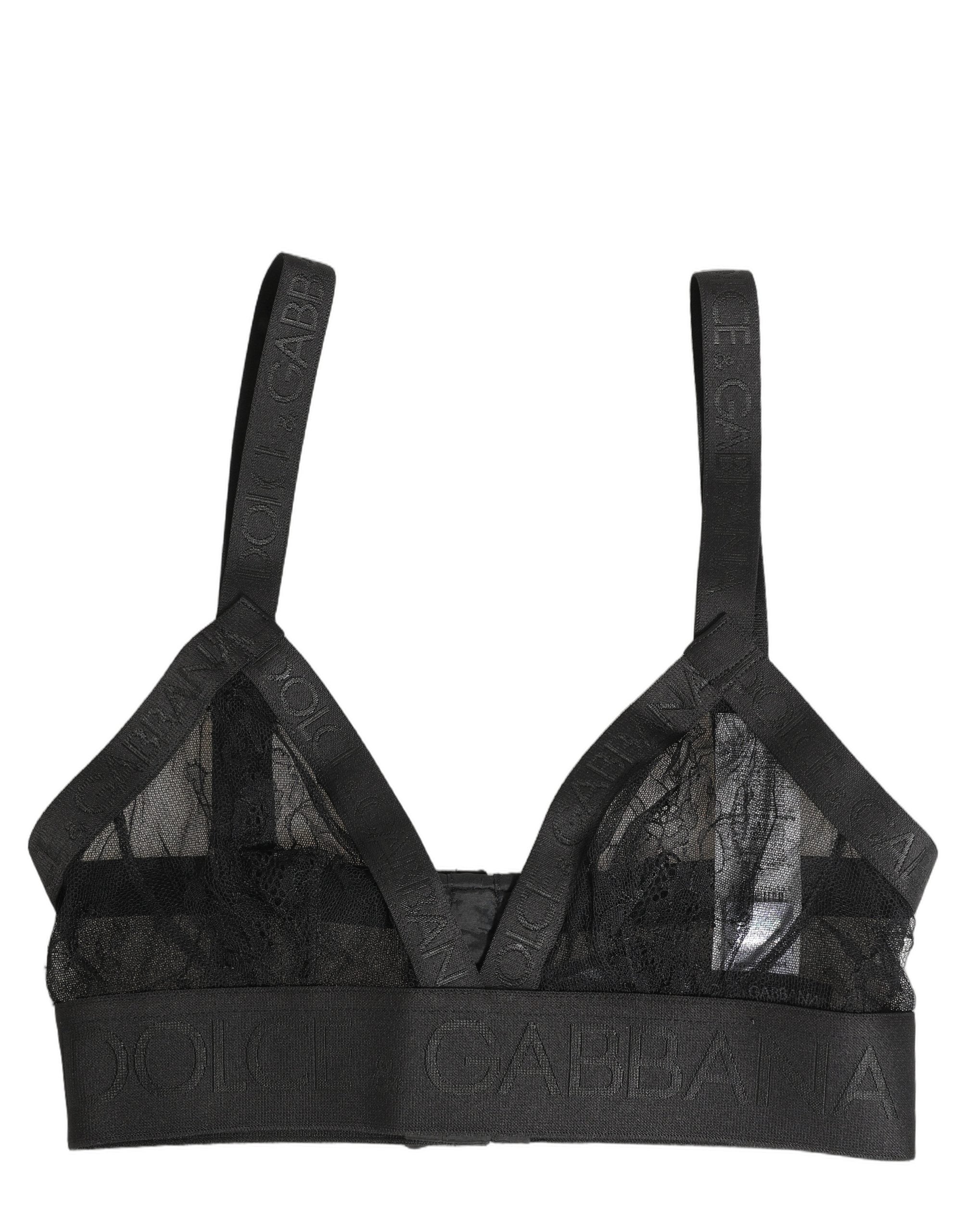 Soutien-gorge noir Dolce & Gabbana avec logo monogramme, bonnets souples et détails en laiton, sous-vêtements élégants.