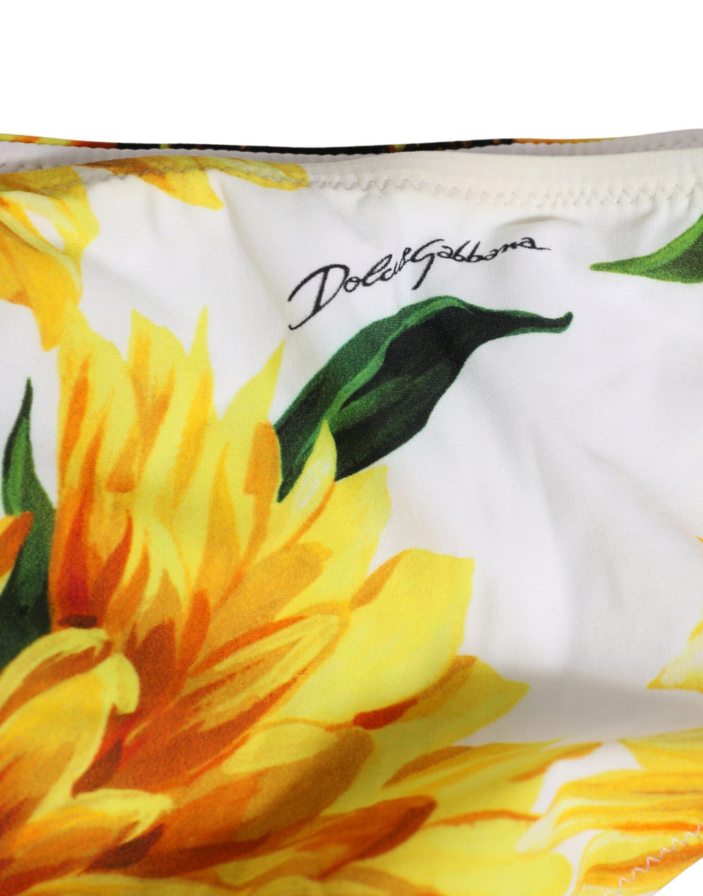 Bas de maillot de bain jaune en nylon Dolce & Gabbana avec motif tournesol, pour femme, vue de face.