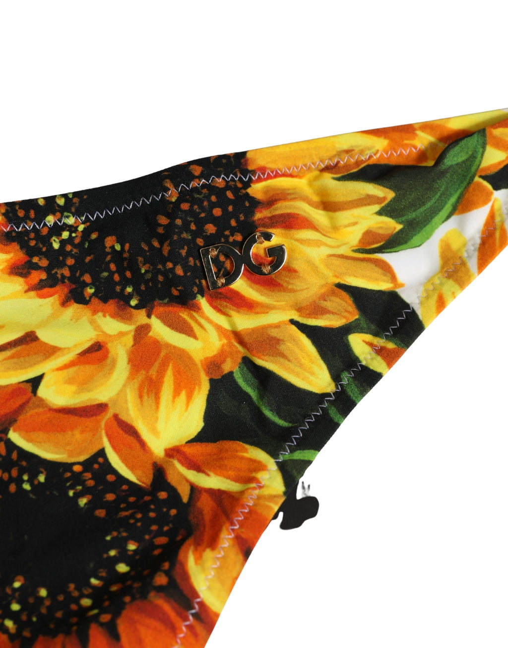 Maillot de bain bikini Dolce & Gabbana en nylon jaune avec motif tournesol, vue de l’arrière sur un fond blanc