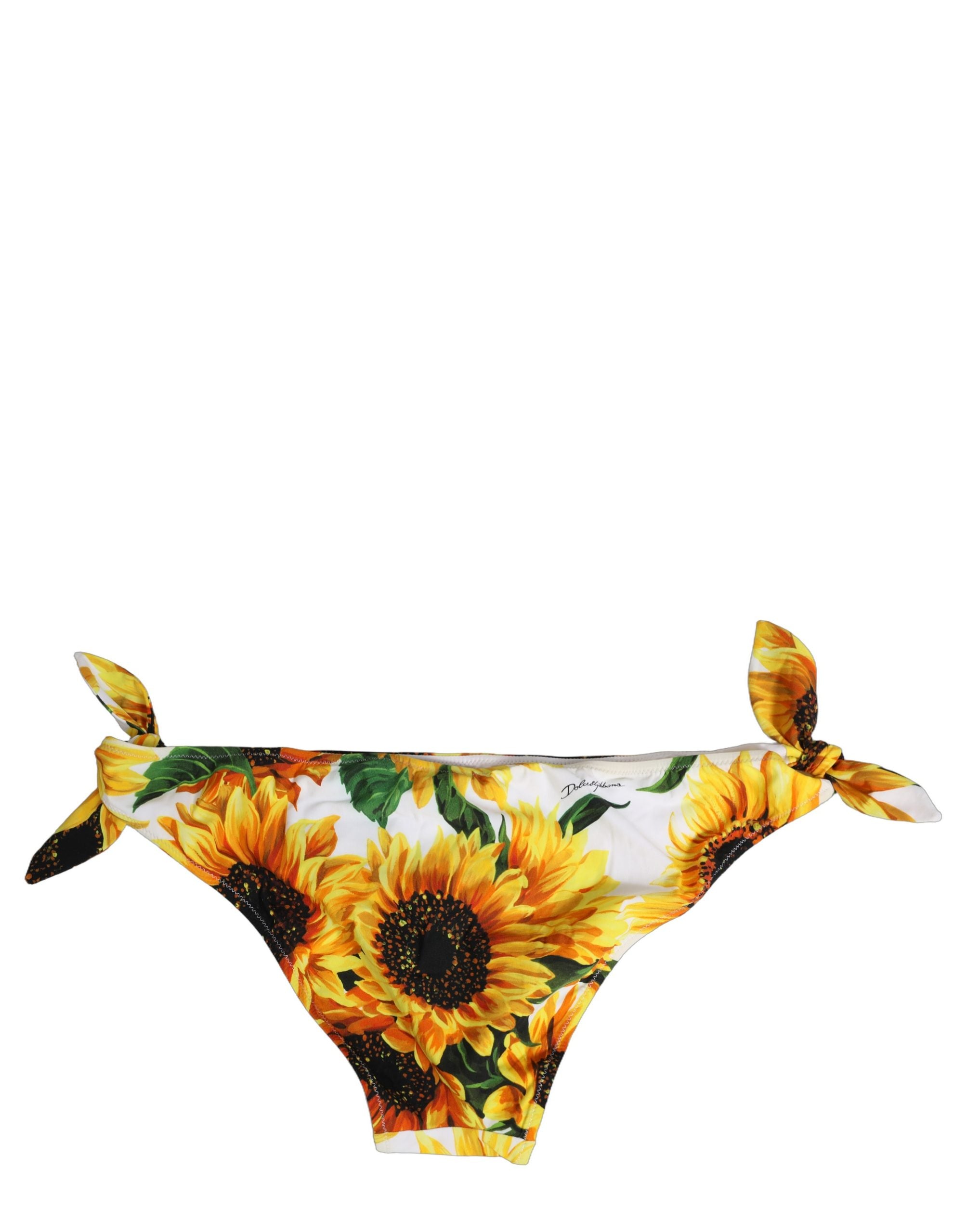 Maillot de bain bikini Dolce & Gabbana en nylon jaune avec motif tournesol, vu de face.