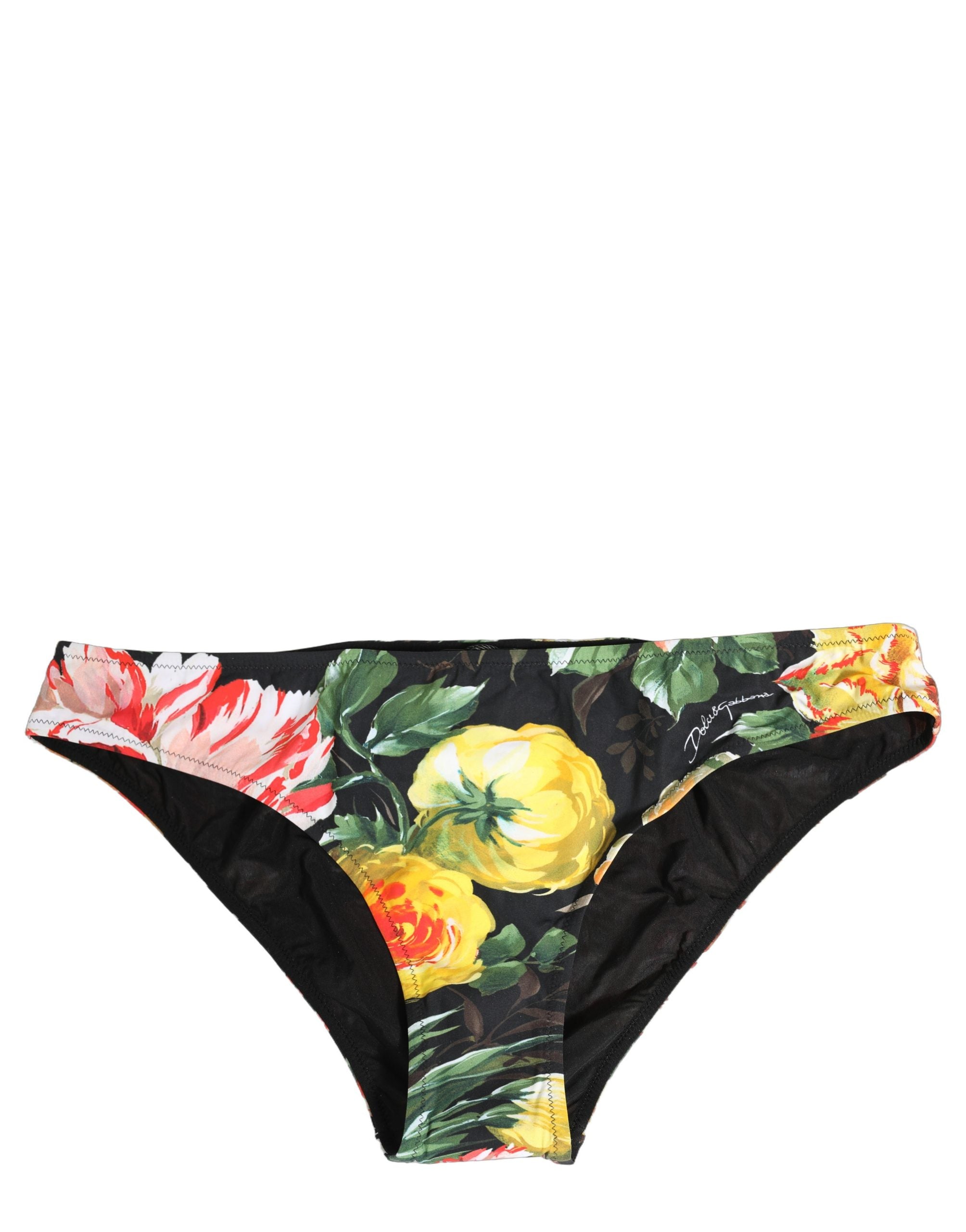 Bas de bikini en nylon noir avec motif floral Dolce & Gabbana, tissu léger et ajusté pour la plage.