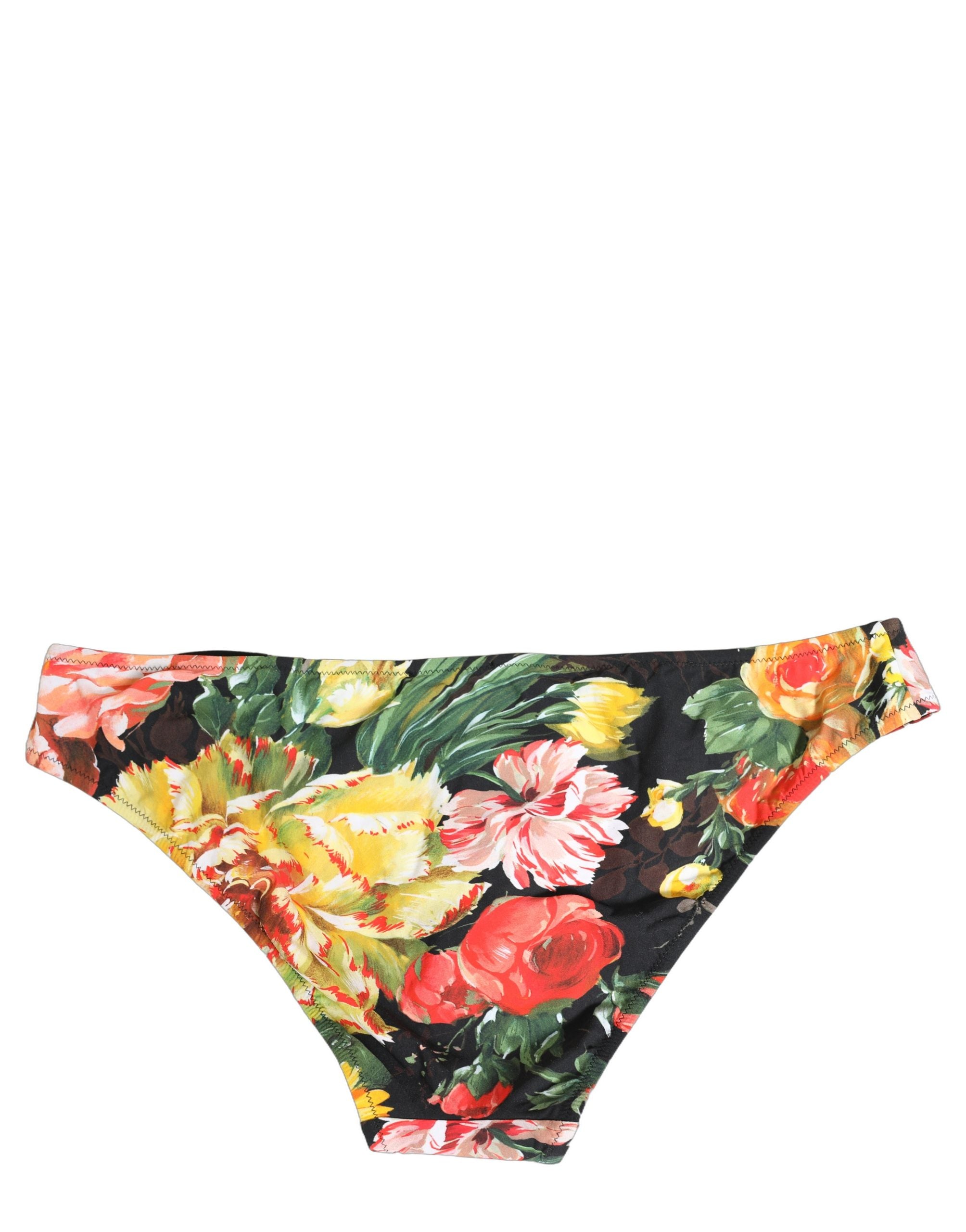 Bas de bikini en nylon noir Dolce & Gabbana avec imprimé floral, maillot de bain élégant pour femmes.