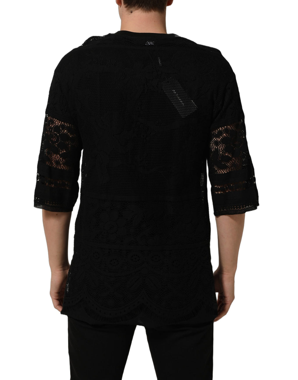 T-shirt à col rond en coton noir avec broderie florale en dentelle, Dolce & Gabbana, mode élégante et raffinée.