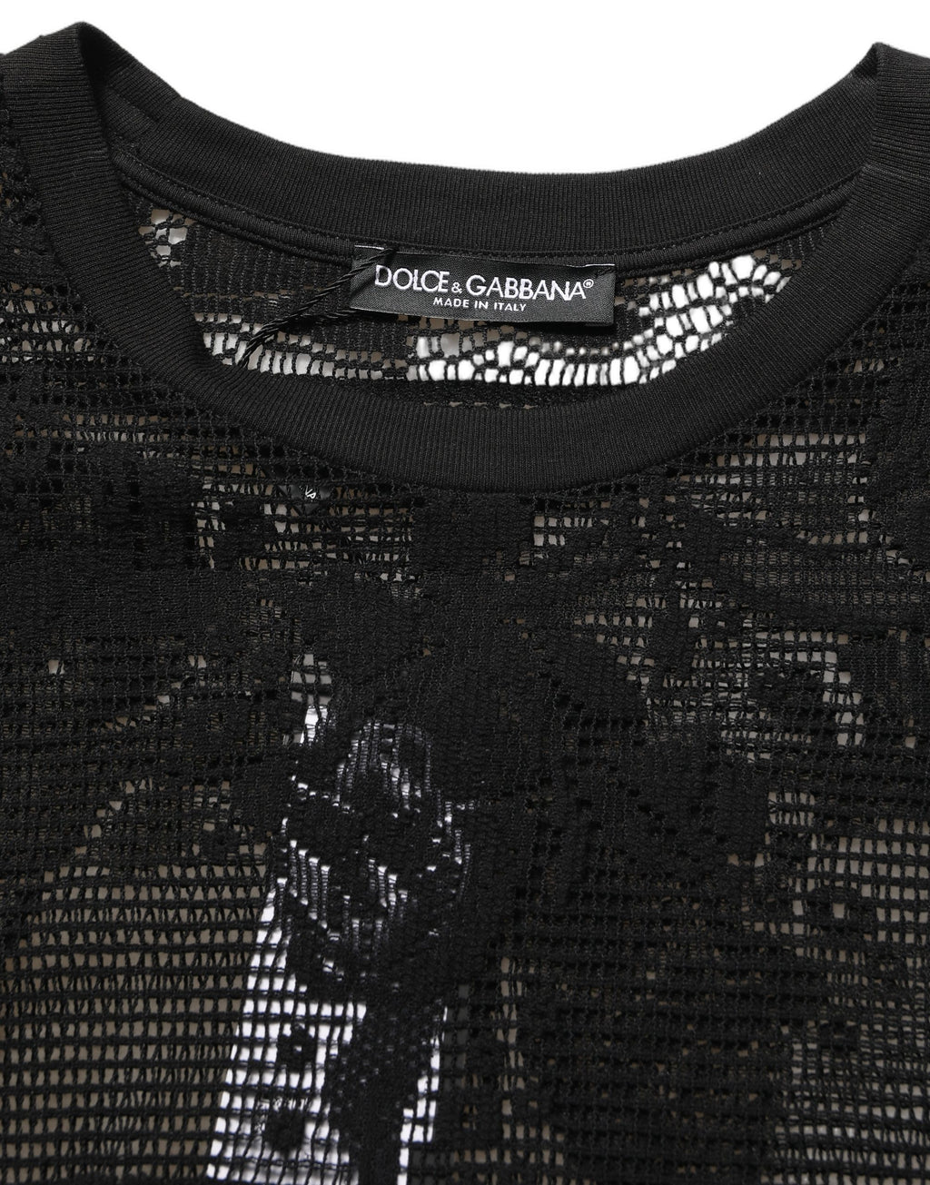T-shirt à col rond en coton noir avec broderie florale en dentelle, Dolce & Gabbana, mode élégante et sophistiquée.