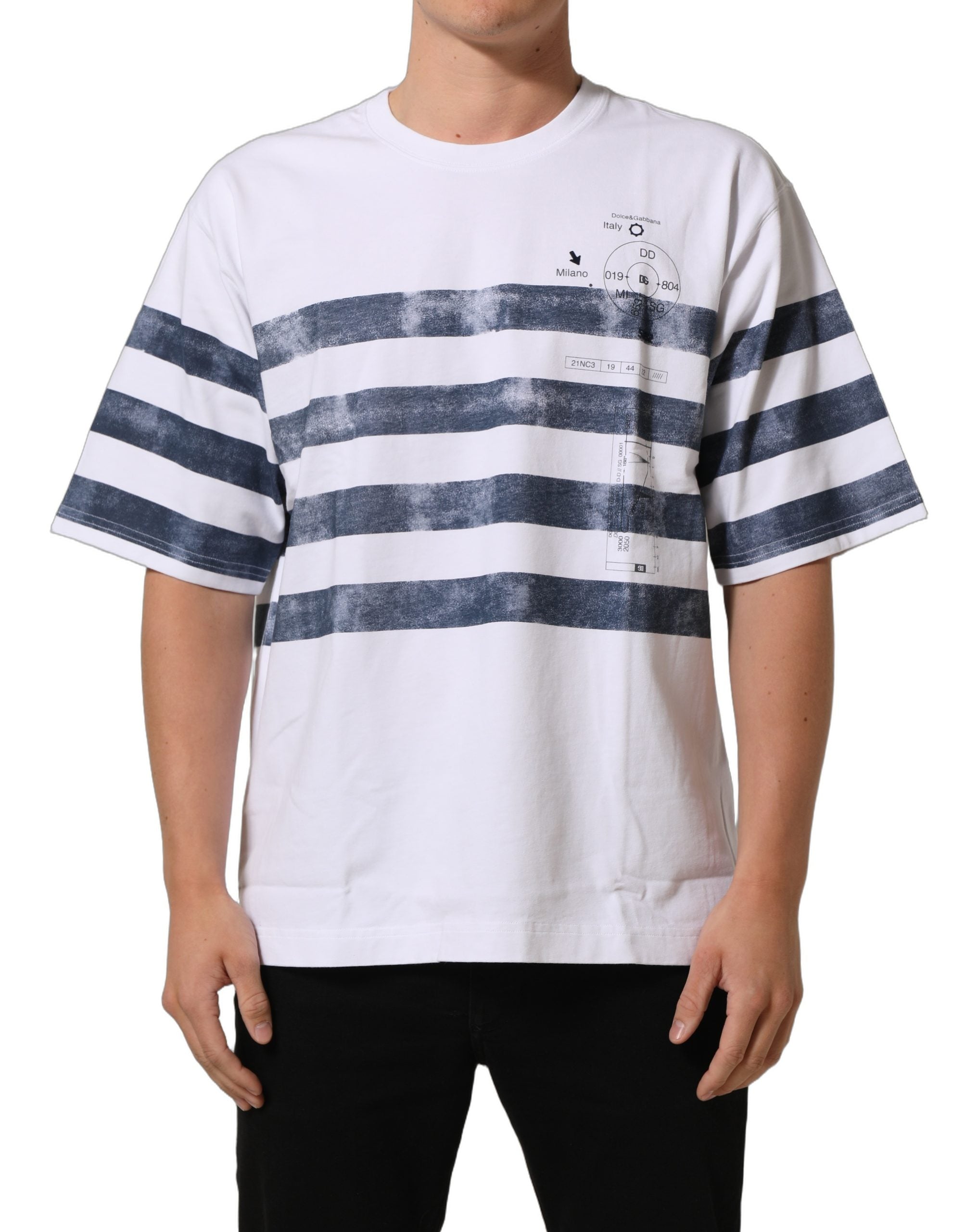 T-shirt à manches courtes Dolce & Gabbana en coton blanc avec rayures bleues, look élégant et confortable.