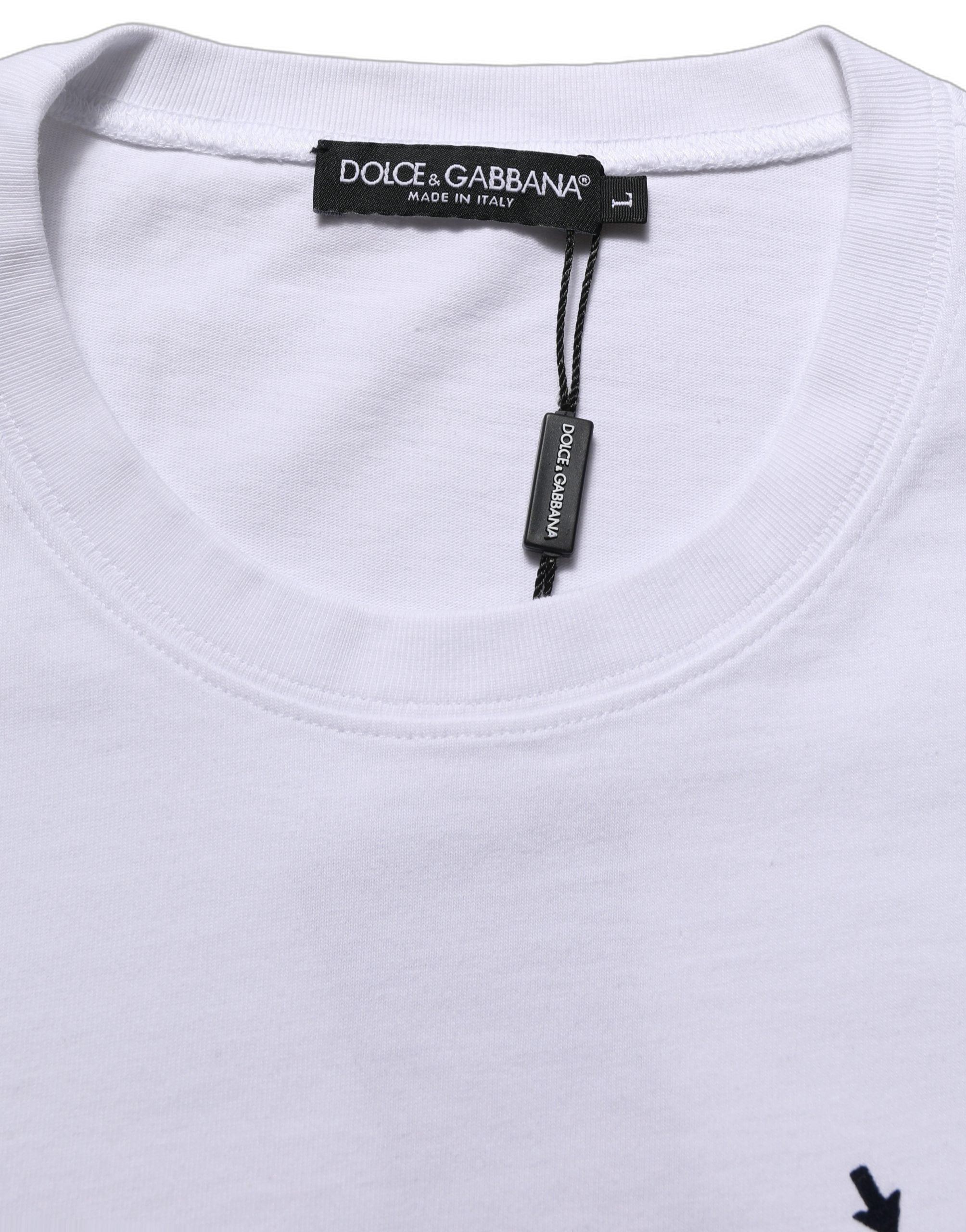 T-shirt Dolce & Gabbana en coton blanc avec rayures bleues à manches courtes, style élégant et décontracté.