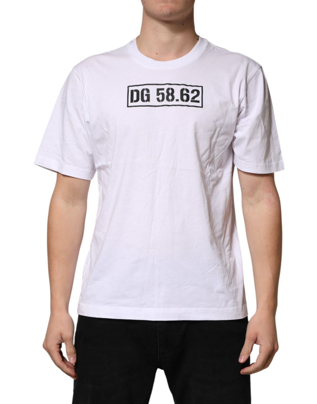 T-shirt blanc en coton Dolce & Gabbana avec logo imprimé et col rond, vue de face.