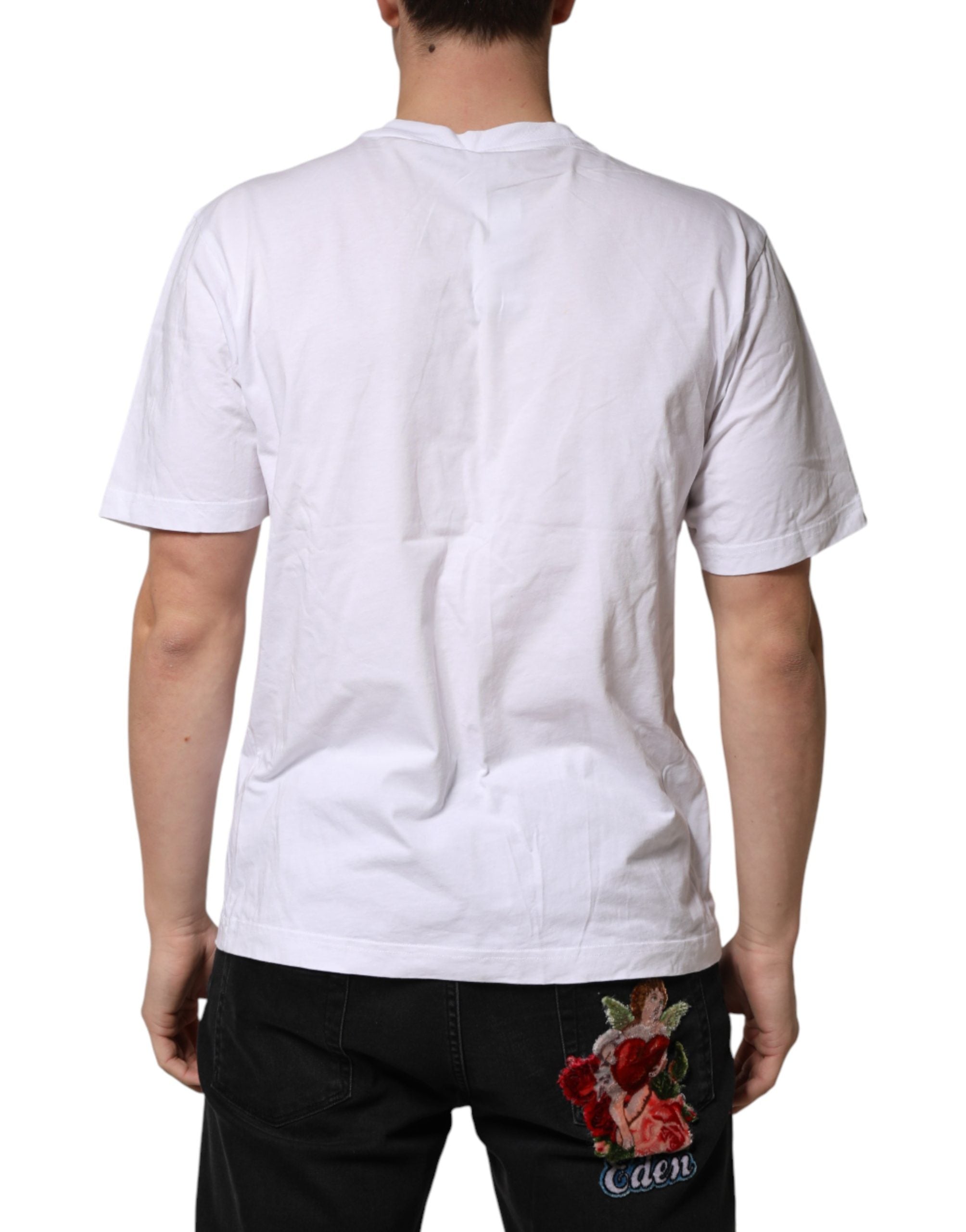 T-shirt blanc en coton Dolce & Gabbana avec logo imprimé, col ras du cou, vue de face.