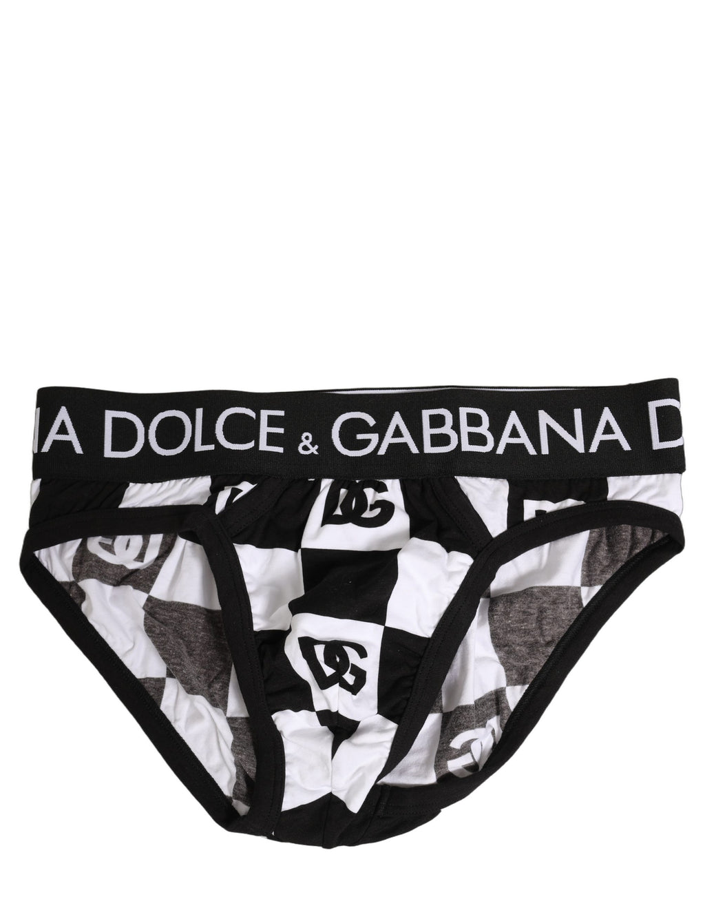 Sous-vêtements Dolce & Gabbana, boxer mi-long noir et blanc à logo et motif à carreaux, vue de face.