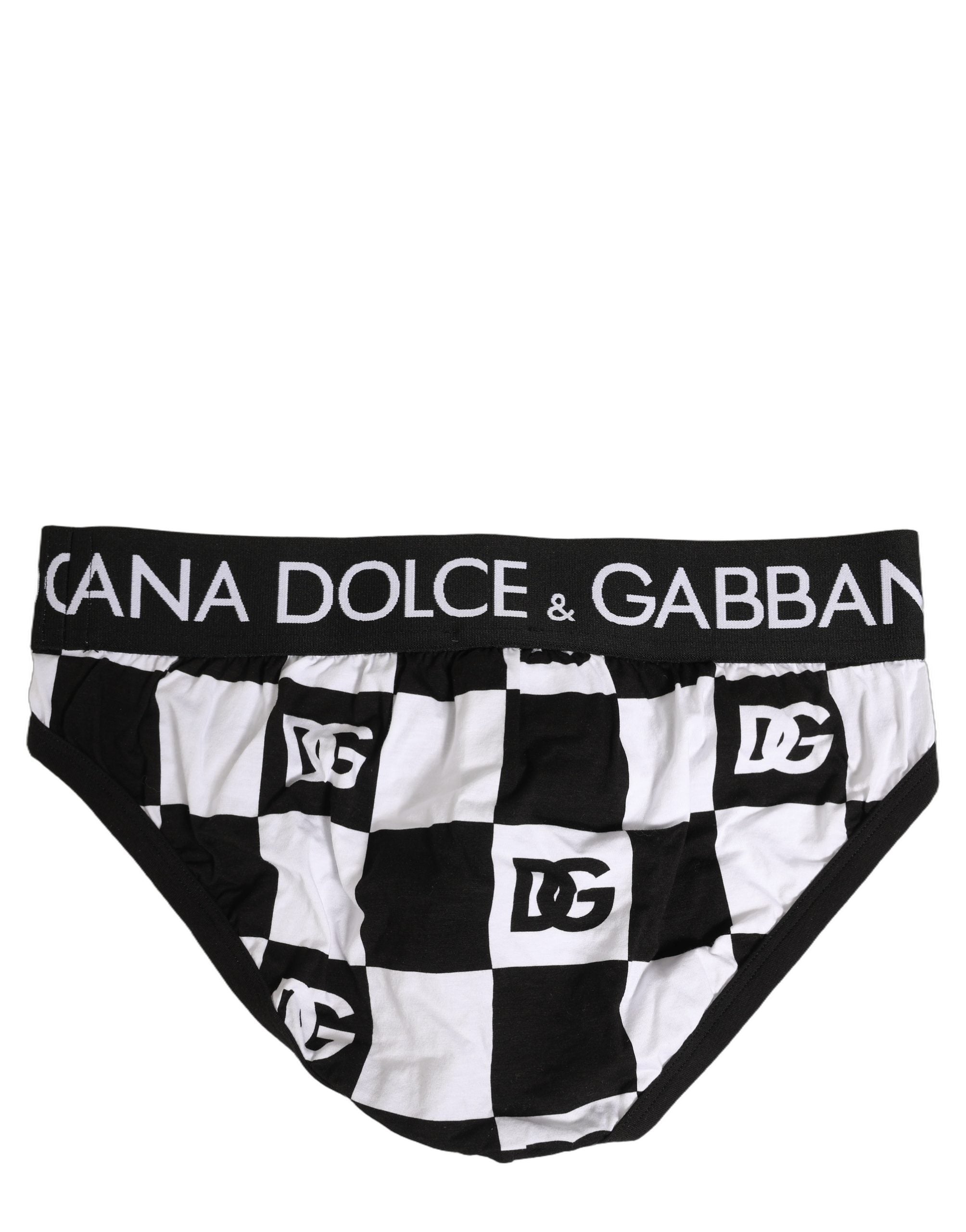 Sous-vêtements Dolce & Gabbana, slip midi à carreaux noir et blanc avec logo, en tissu confortable.