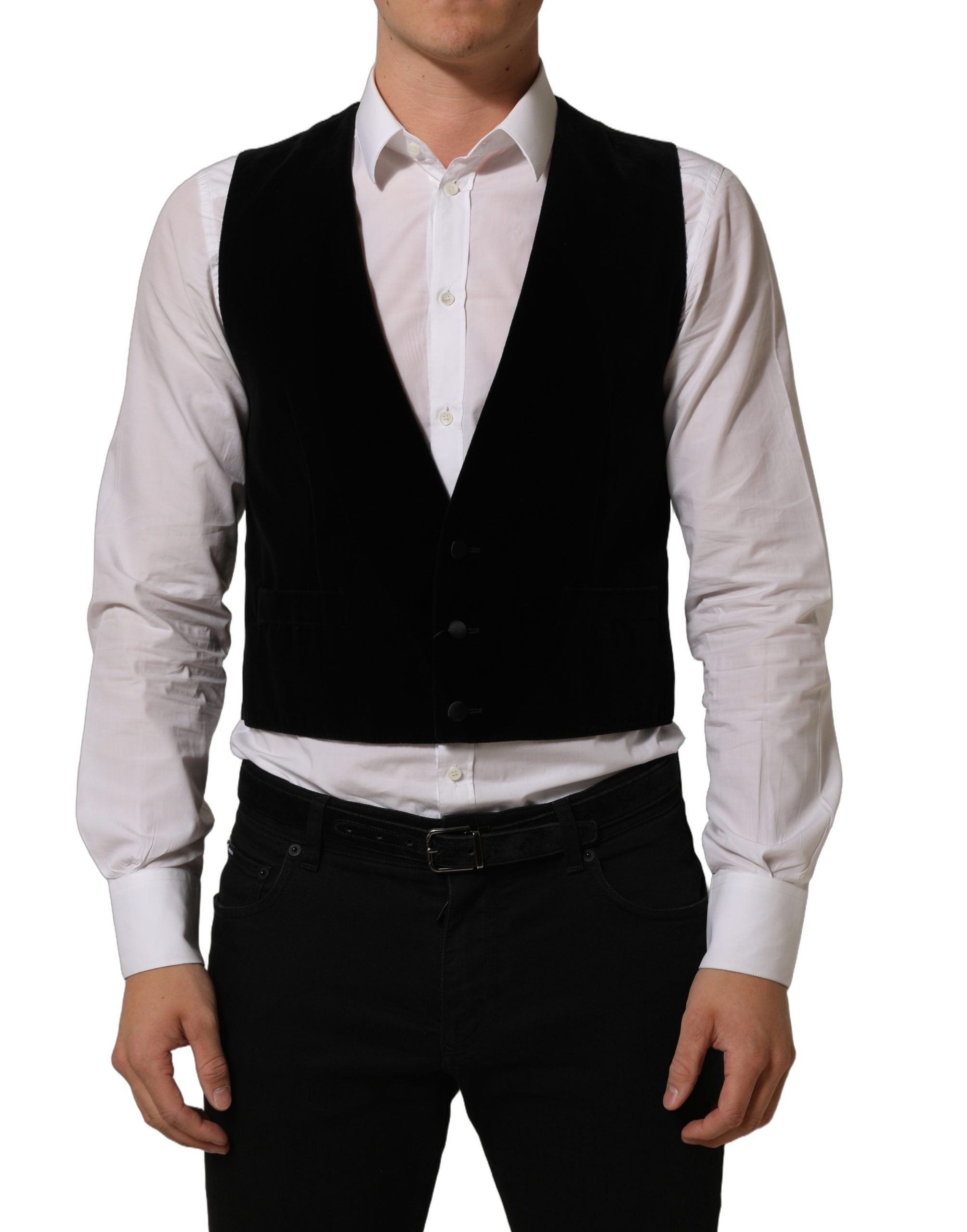Gilet formel en laine mélangée noir de Dolce & Gabbana, veste cintrée élégante pour homme.