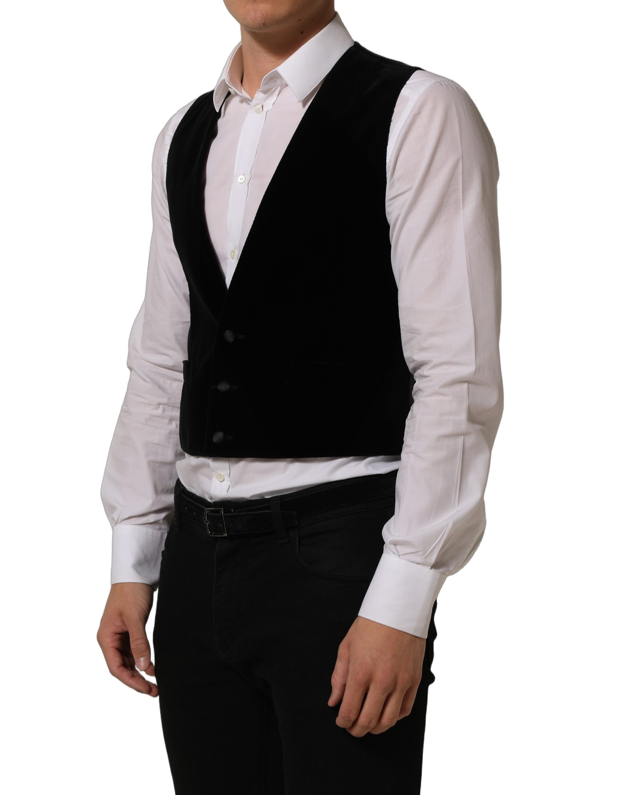 Gilet formel en mélange de laine noir de Dolce & Gabbana, veston élégant pour homme, détail en tissu fin et coupe ajustée