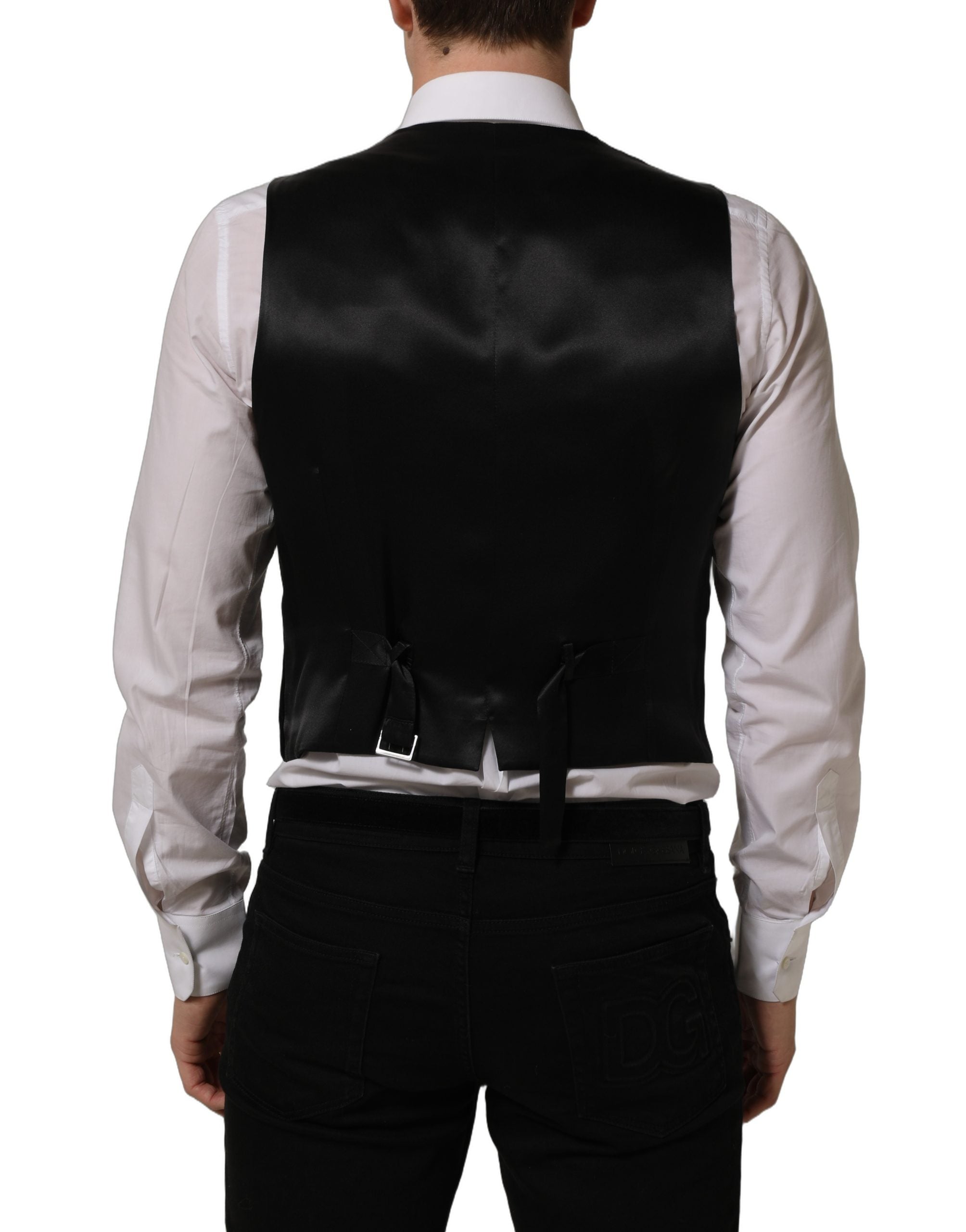 Gilet de costume en laine mélangée noir de Dolce & Gabbana, vêtement formel avec col en V et boutons.