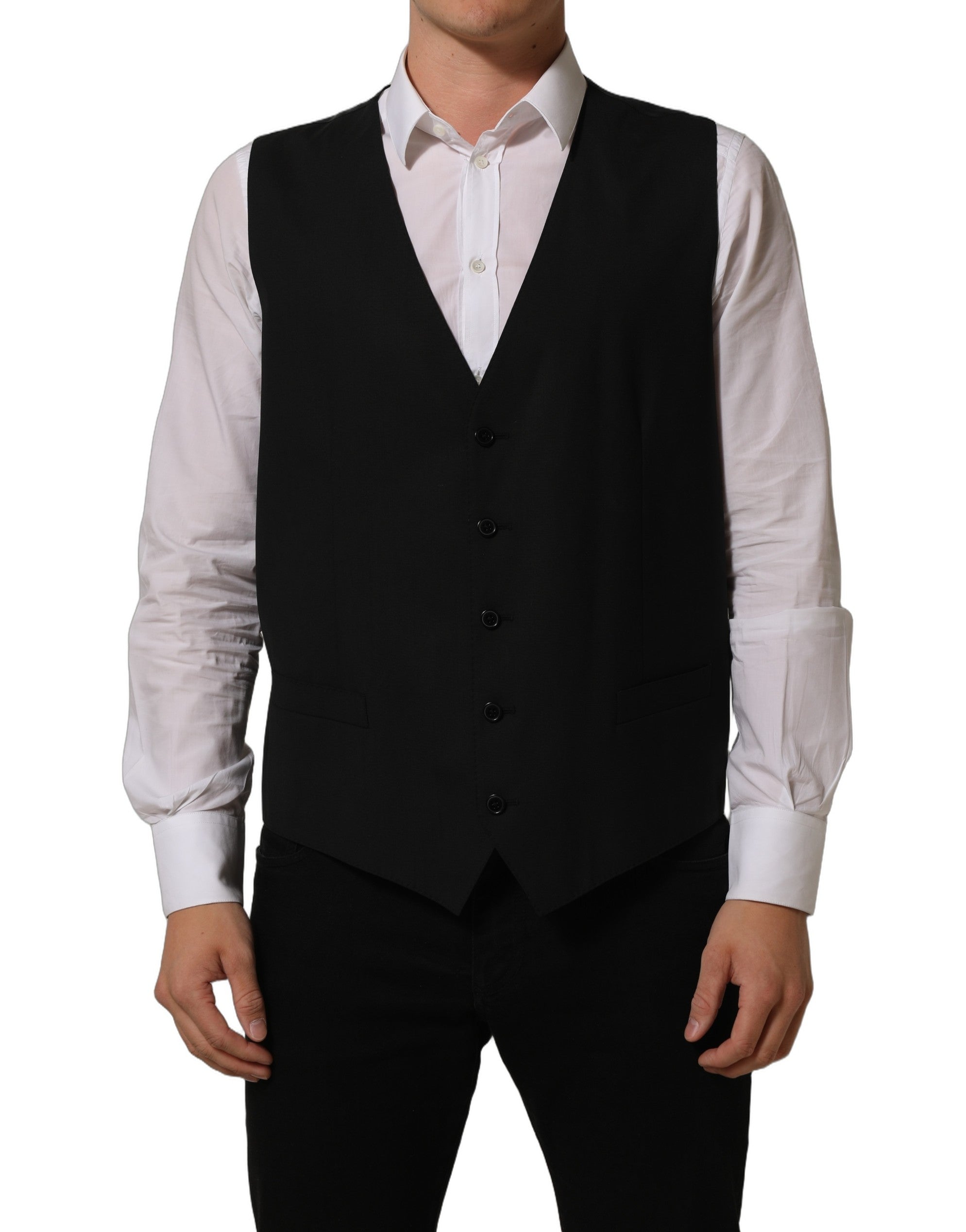 Gilet formel en laine stretch noir de Dolce & Gabbana, veste ajustée élégante pour hommes.