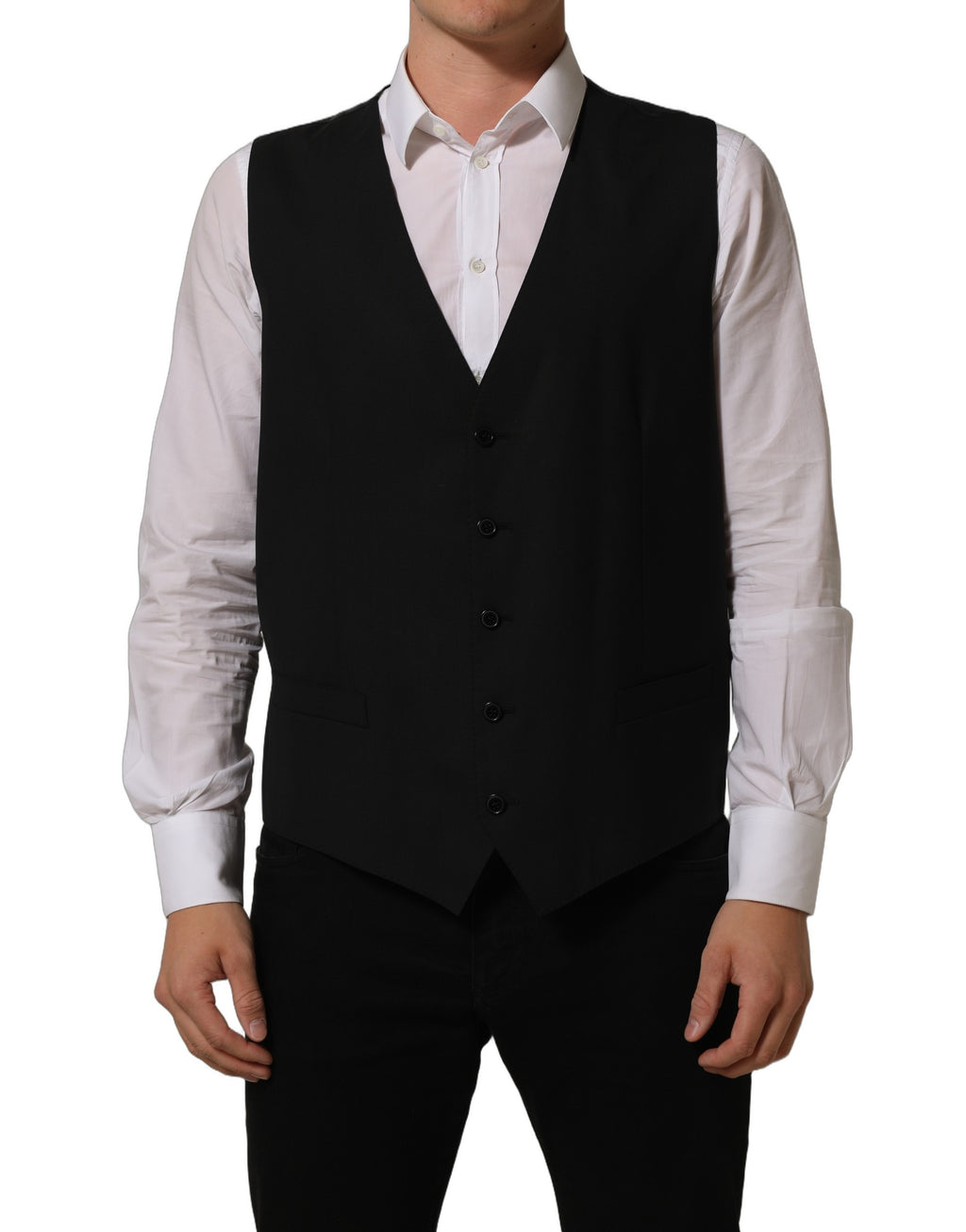 Gilet formel en laine noire Dolce & Gabbana avec taille extensible, porté sur un mannequin.