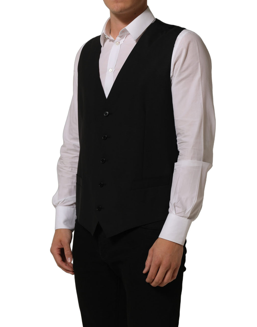 Gilet formel en laine noire Dolce & Gabbana, coupe ajustée, avec ceinture stretch et détails élégants.