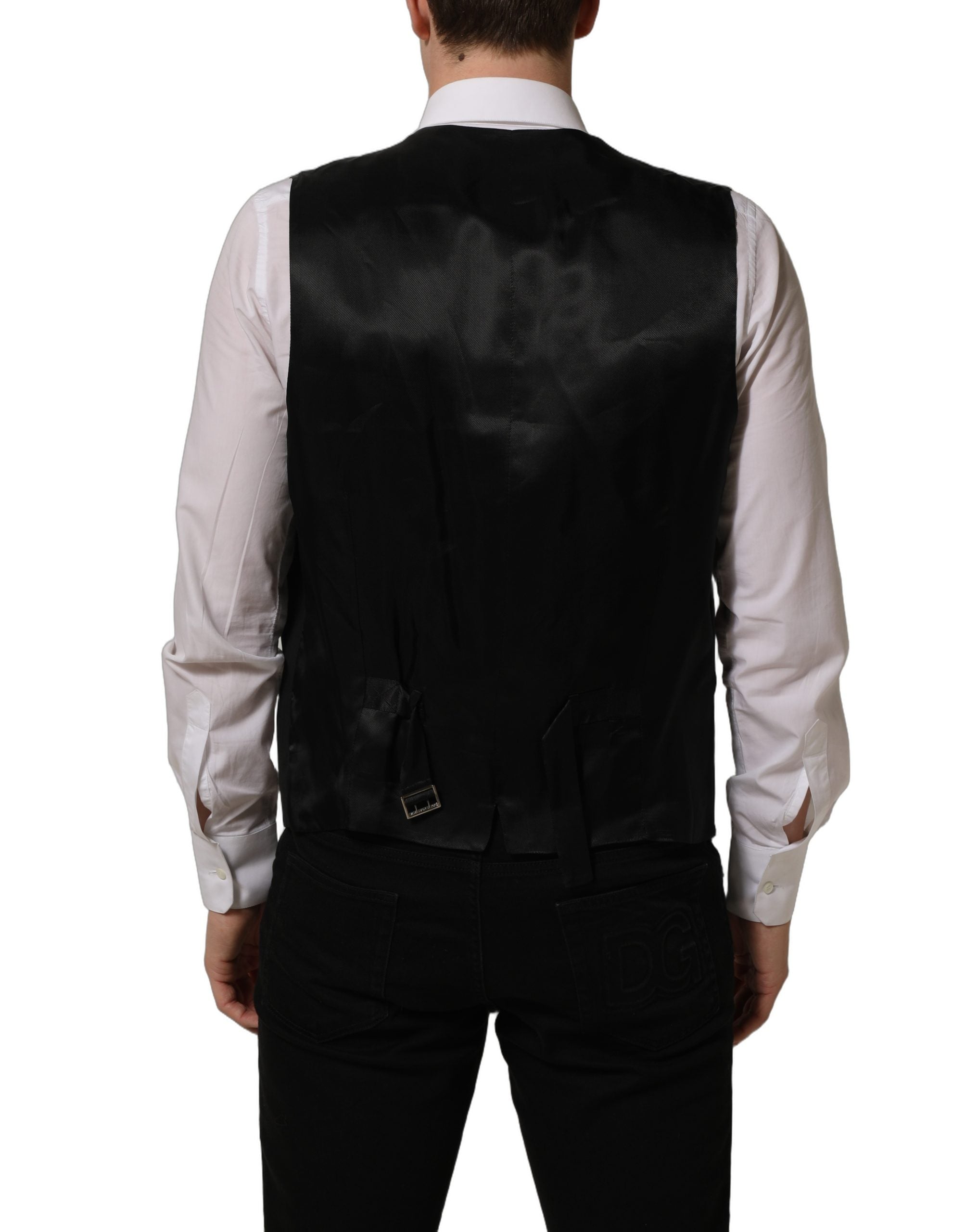 Gilet formel en laine stretch noir Dolce & Gabbana avec fermeture à boutons et col classique, pour homme élégante.