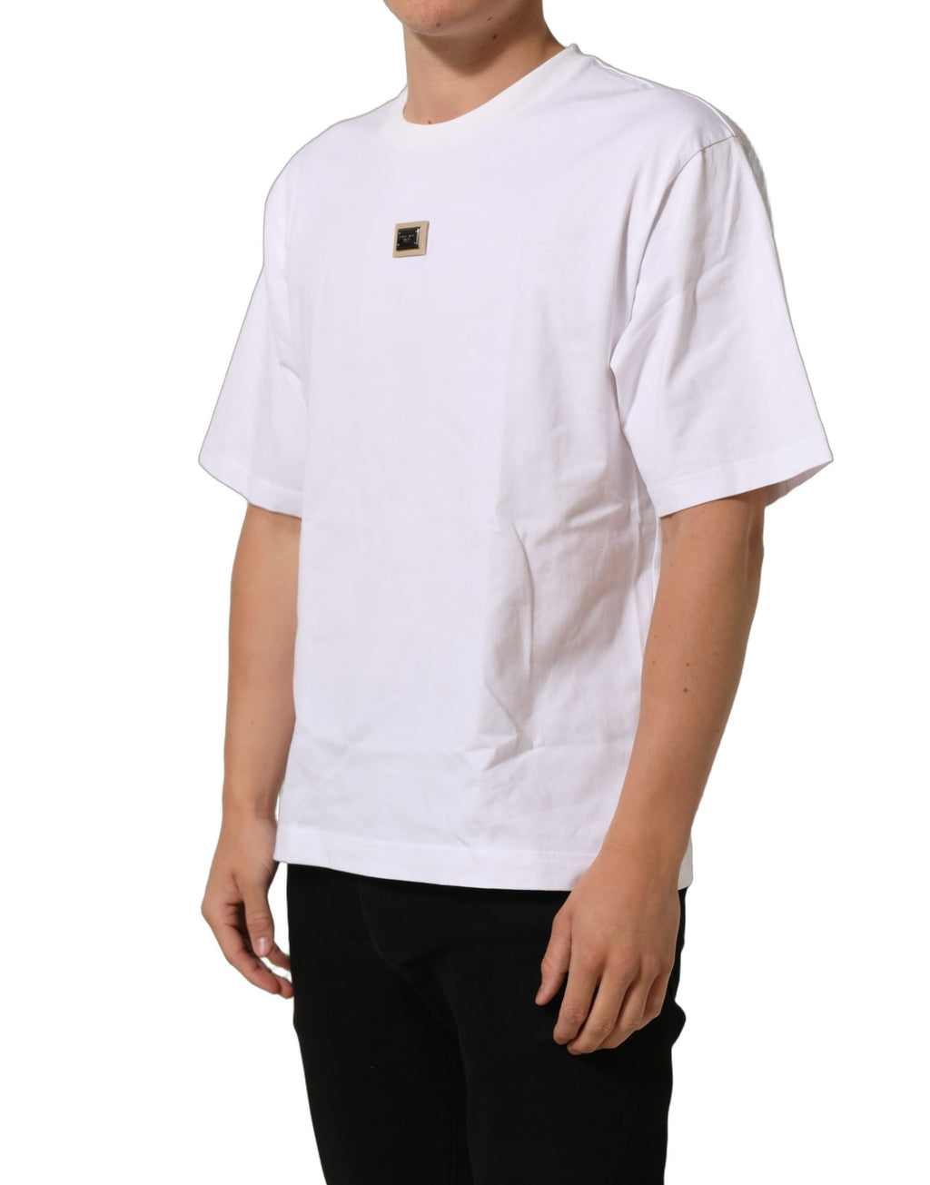 T-shirt blanc Dolce & Gabbana en coton avec logo en plaque sur le col, coupe classique, vue de face.