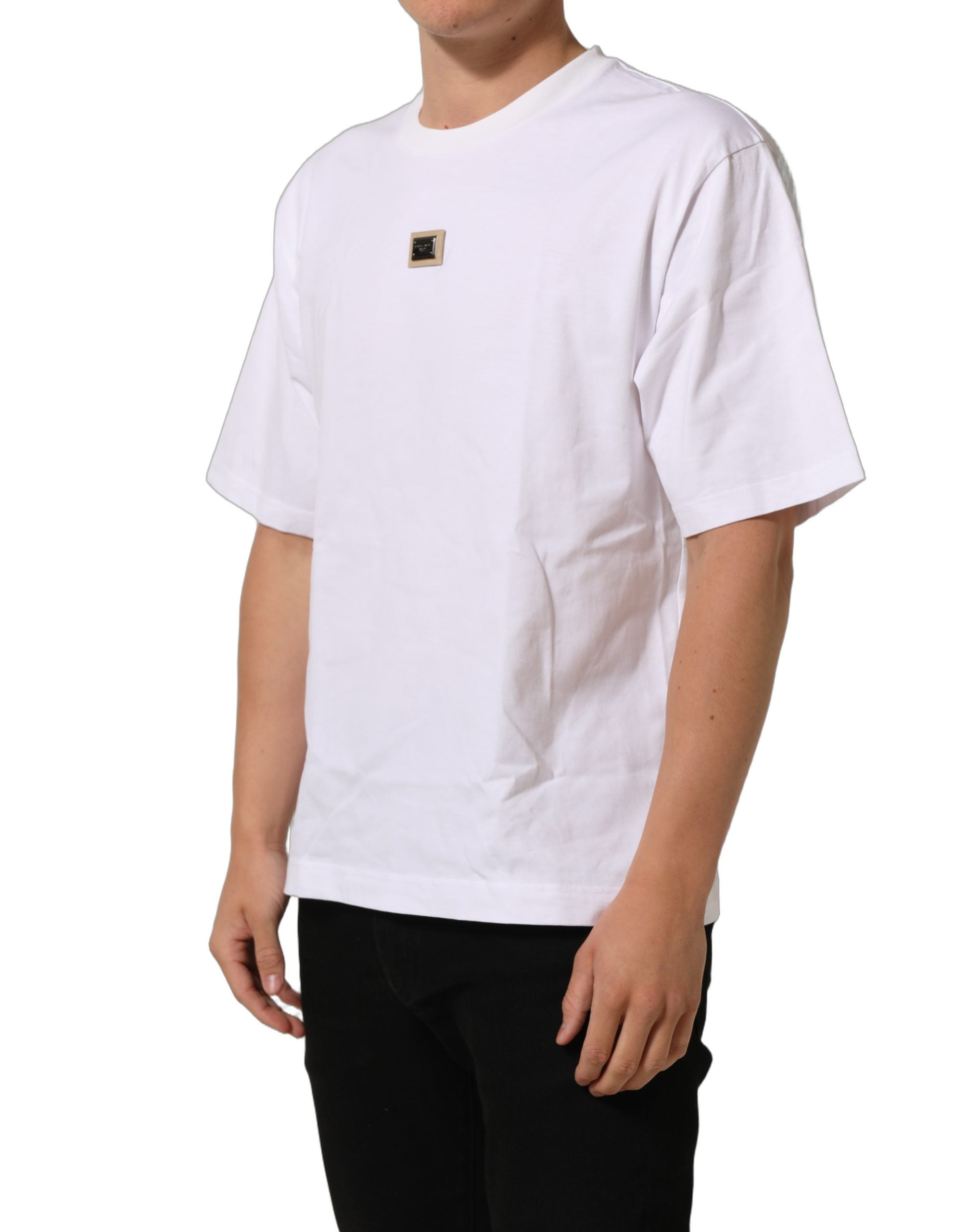 T-shirt blanc Dolce & Gabbana en coton avec logo en plaque sur le col, coupe classique, vue de face.