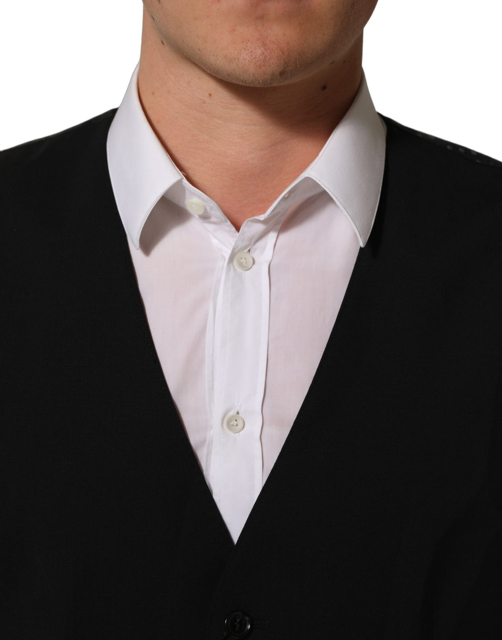 Gilet formel en laine stretch noir de Dolce & Gabbana, vêtement élégant avec fermeture à boutons et coupe ajustée.