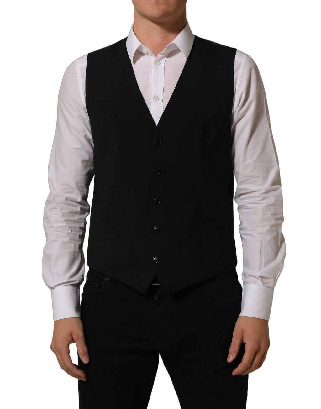 Gilet formel en laine noire de Dolce & Gabbana avec taille extensible, porté comme vêtement élégant pour homme.