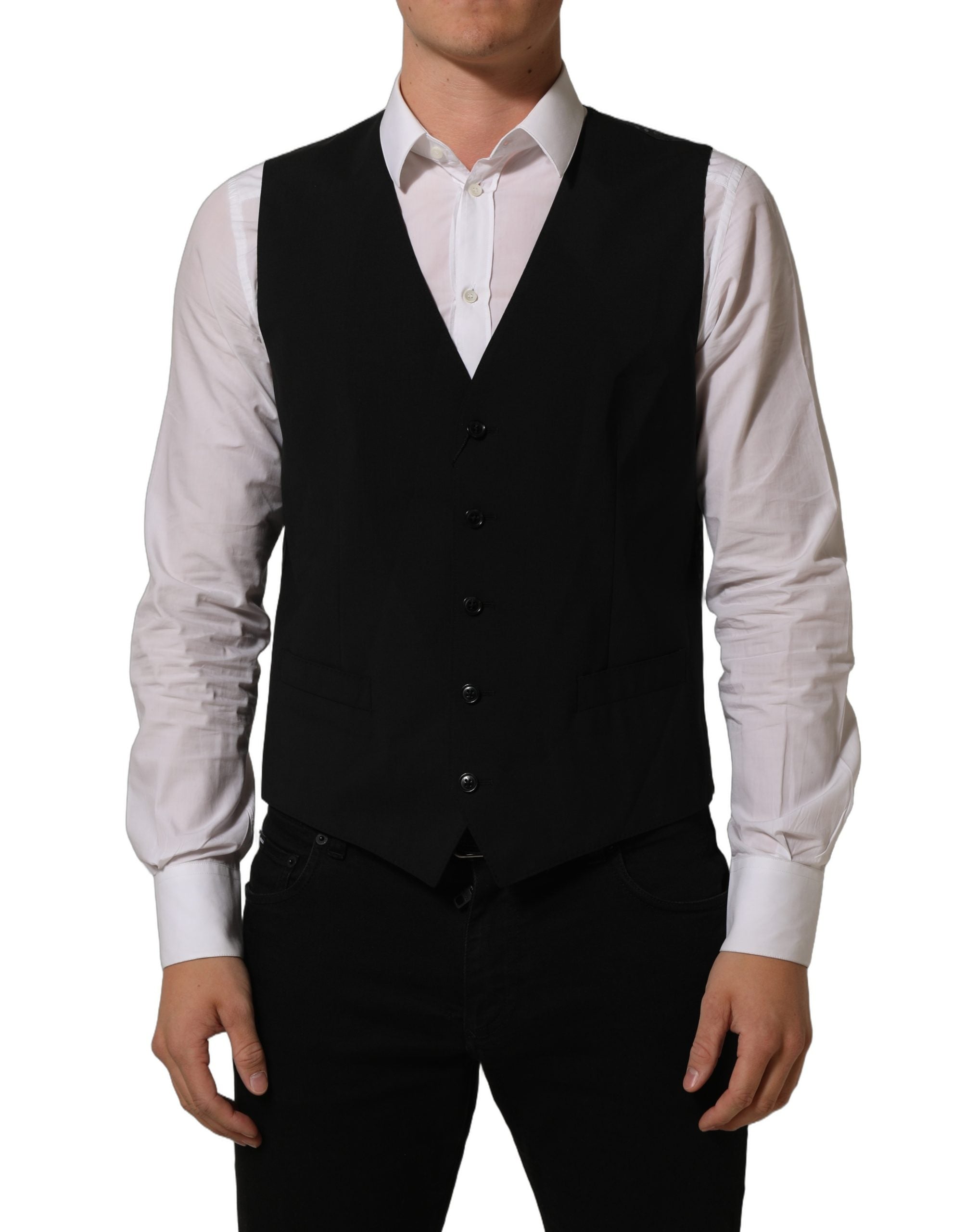 Gilet formel en laine noire de Dolce & Gabbana avec taille extensible, porté comme vêtement élégant pour homme.