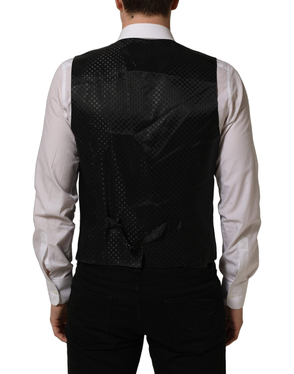 Gilet noir en laine extensible Dolce & Gabbana, veste de costume formelle avec coupe élégante et ajustée.