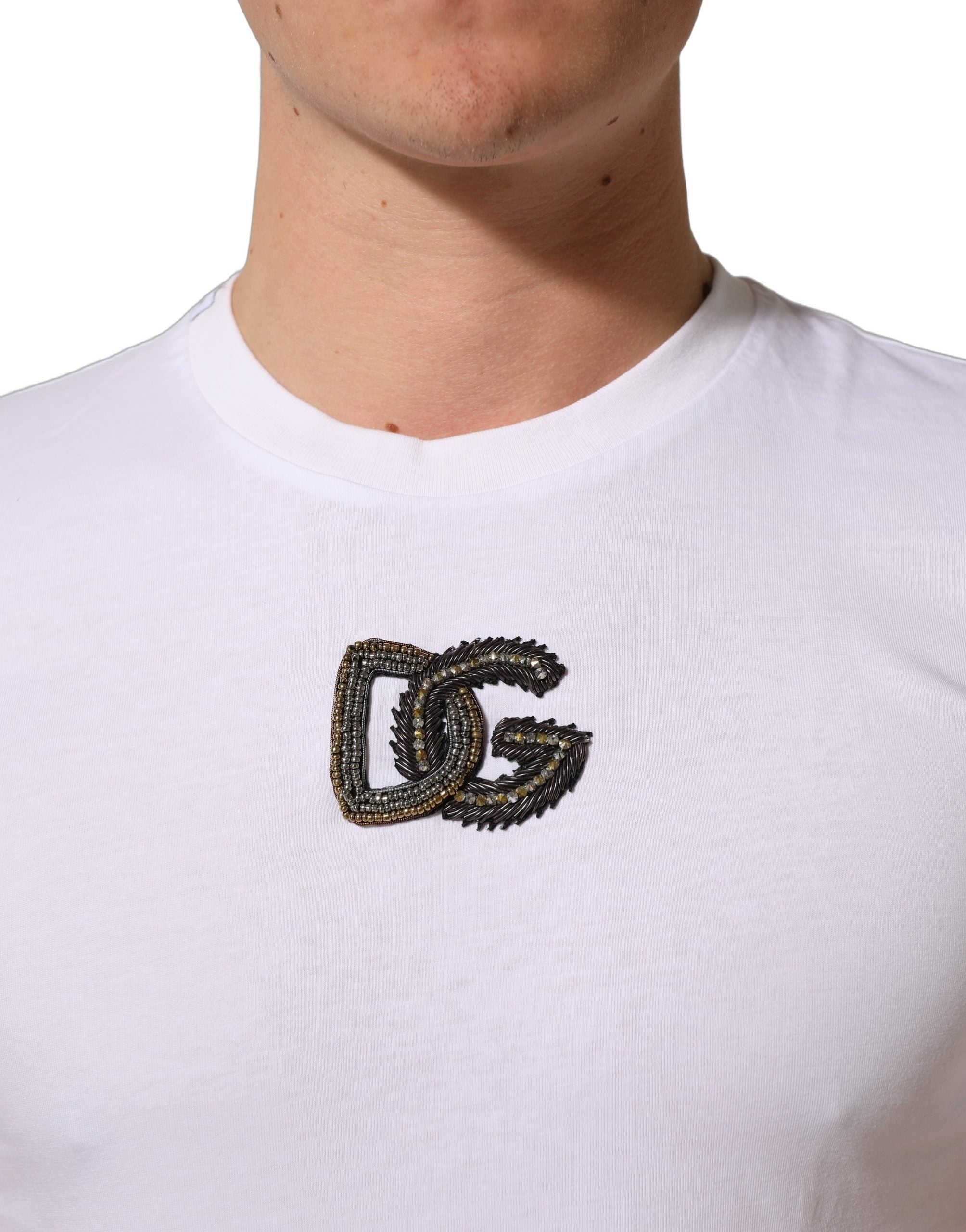 T-shirt blanc pour homme Dolce & Gabbana avec logo DG en coton à col rond, vue de face.