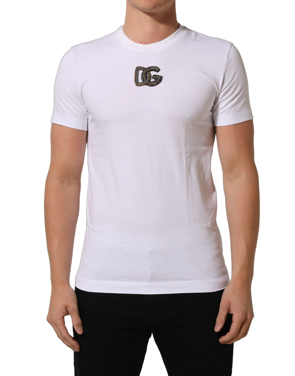 T-shirt blanc Dolce & Gabbana avec logo DG en coton à col rond pour homme, design simple et élégant.